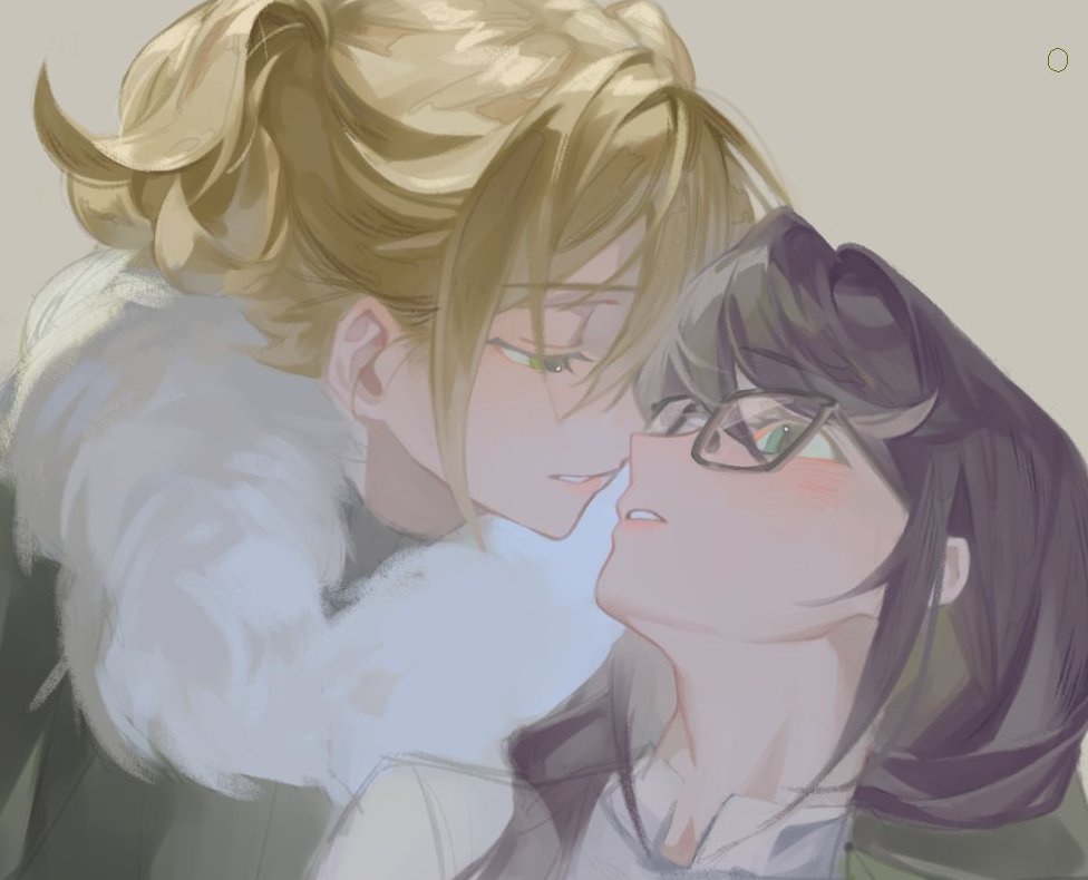 2girls black-framed_eyewear blonde_hair blush brown_background daiba_nana ellie_niunai_zhuyi_zhe face-to-face fur-trimmed_jacket fur_trim glasses green_eyes green_jacket hair_between_eyes hair_over_shoulder half-closed_eyes hoshimi_junna jacket long_hair looking_at_another looking_down looking_to_the_side looking_up multiple_girls official_alternate_costume parted_lips portrait profile purple_hair short_hair short_twintails shoujo_kageki_revue_starlight simple_background sketch twintails white_jacket yuri