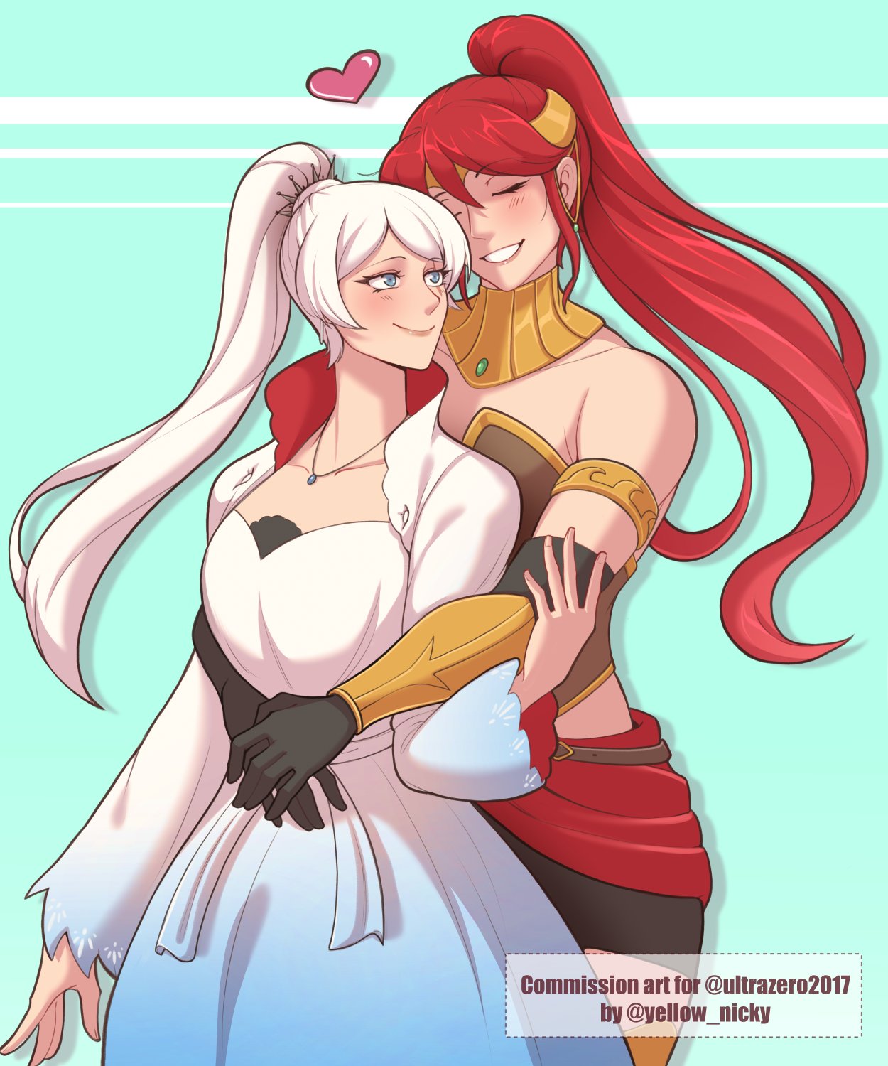 2girls bare_shoulders black_gloves blue_dress blue_eyes commission dress gloves heart highres jewelry long_sleeves multiple_girls necklace ponytail pyrrha_nikos redhead rwby tagme twitter_username weiss_schnee white_dress white_hair yellow_nicky yuri