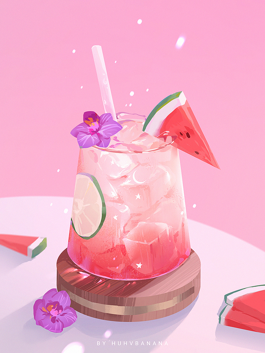 artist_name coaster commentary_request crescent cup drink drinking_glass drinking_straw flower food food_focus fruit glass highres huhv. ice ice_cube no_humans original pink_background purple_flower simple_background star_(symbol) still_life table watermelon watermelon_slice