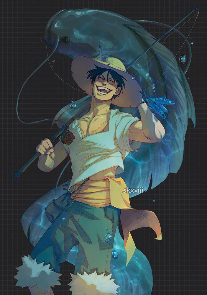 1boy artist_name black_hair closed_eyes commentary fishing_rod hat holding holding_fishing_rod male_focus monkey_d._luffy one_piece scar scar_on_cheek scar_on_face shirt short_hair short_sleeves sid_(skxviii) smile solo straw_hat teeth white_shirt