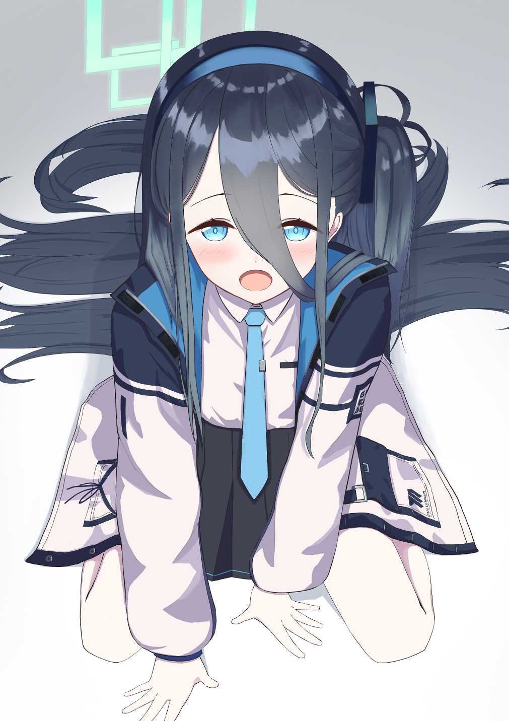 1girl absurdly_long_hair akihiroeo aqua_halo aris_(blue_archive) black_hair black_skirt blue_archive blue_eyes blue_headband blue_necktie coat collared_shirt commentary_request hair_ornament hands_on_ground headband highres kneeling long_hair long_hair_between_eyes long_sleeves necktie one_side_up open_mouth pleated_skirt shirt simple_background skirt solo square_halo tie_clip very_long_hair white_coat white_shirt