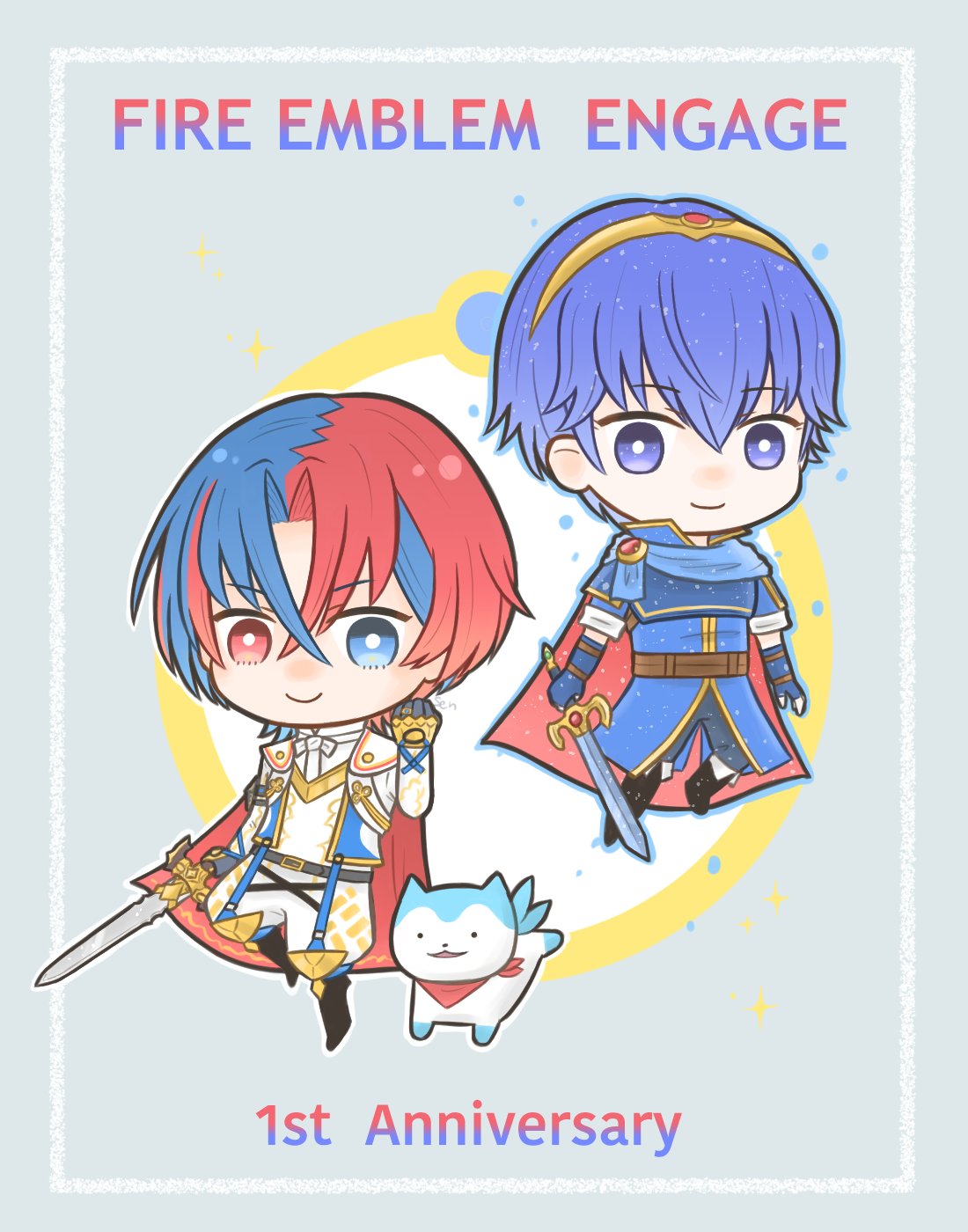 2boys alear_(fire_emblem) alear_(male)_(fire_emblem) blue_eyes blue_hair cape chibi closed_mouth crossed_bangs fire_emblem fire_emblem_engage gloves hair_between_eyes highres holding holding_sword holding_weapon marth_(fire_emblem) multicolored_hair multiple_boys red_cape red_eyes redhead short_hair smile sn_eng_gyk0707 sommie_(fire_emblem) split-color_hair sword weapon