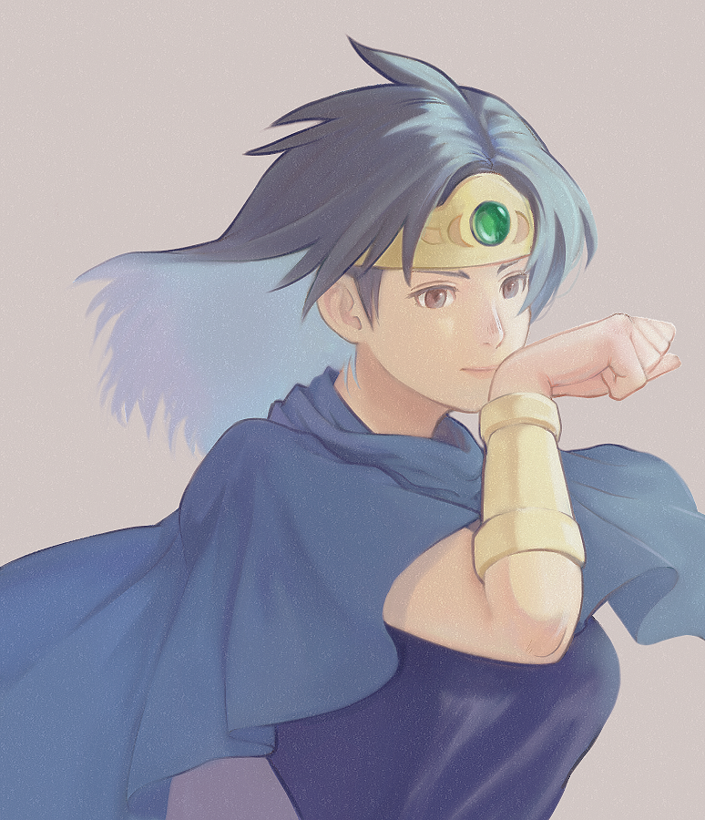 1girl arm_guards b-saku blue_cloak breasts brown_eyes cloak closed_mouth dragon_quest dragon_quest_dai_no_daibouken eimi_(dai_no_daibouken) floating_hair forehead_protector gem green_gemstone grey_background grey_hair hand_up large_breasts long_hair looking_ahead medium_hair parted_bangs simple_background smile solo wind wiping_face