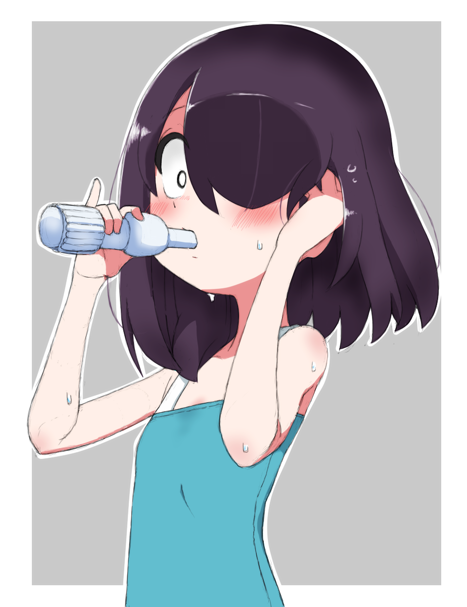 1girl black_hair blue_camisole bob_cut bottle camisole commentary commission drinking grey_background hair_over_one_eye hand_in_own_hair hand_on_own_ear highres holding holding_bottle jijou_wo_shiranai_tenkousei_ga_guigui_kuru. kayabakoro looking_at_viewer medium_hair nishimura_akane one_eye_covered outline solo sweat white_outline