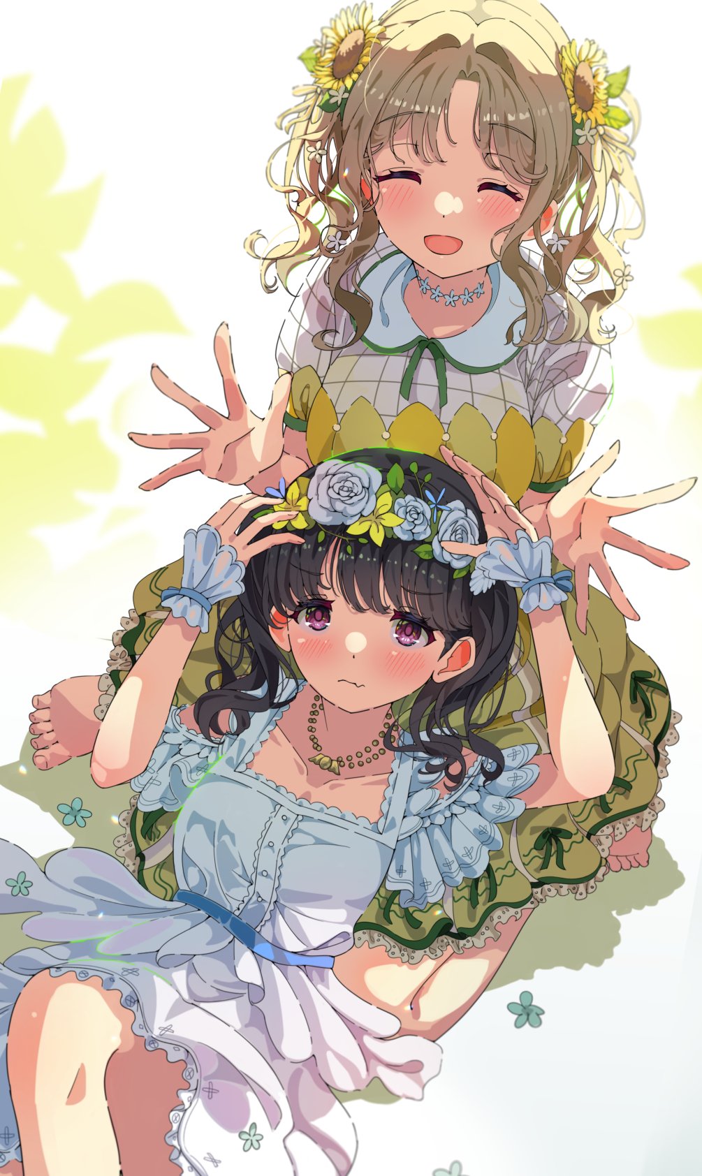 2girls barefoot black_hair brown_hair closed_eyes commentary_request dress fangs flower flower_wreath fukumaru_koito hair_flower hair_ornament highres ichikawa_hinana idolmaster idolmaster_shiny_colors jewelry long_hair looking_at_viewer lying_on_another multiple_girls necklace parted_bangs puffy_short_sleeves puffy_sleeves sakatsuki_yakumo short_sleeves skin_fangs sunflower sunflower_hair_ornament swept_bangs twintails violet_eyes white_dress wrist_cuffs yellow_dress
