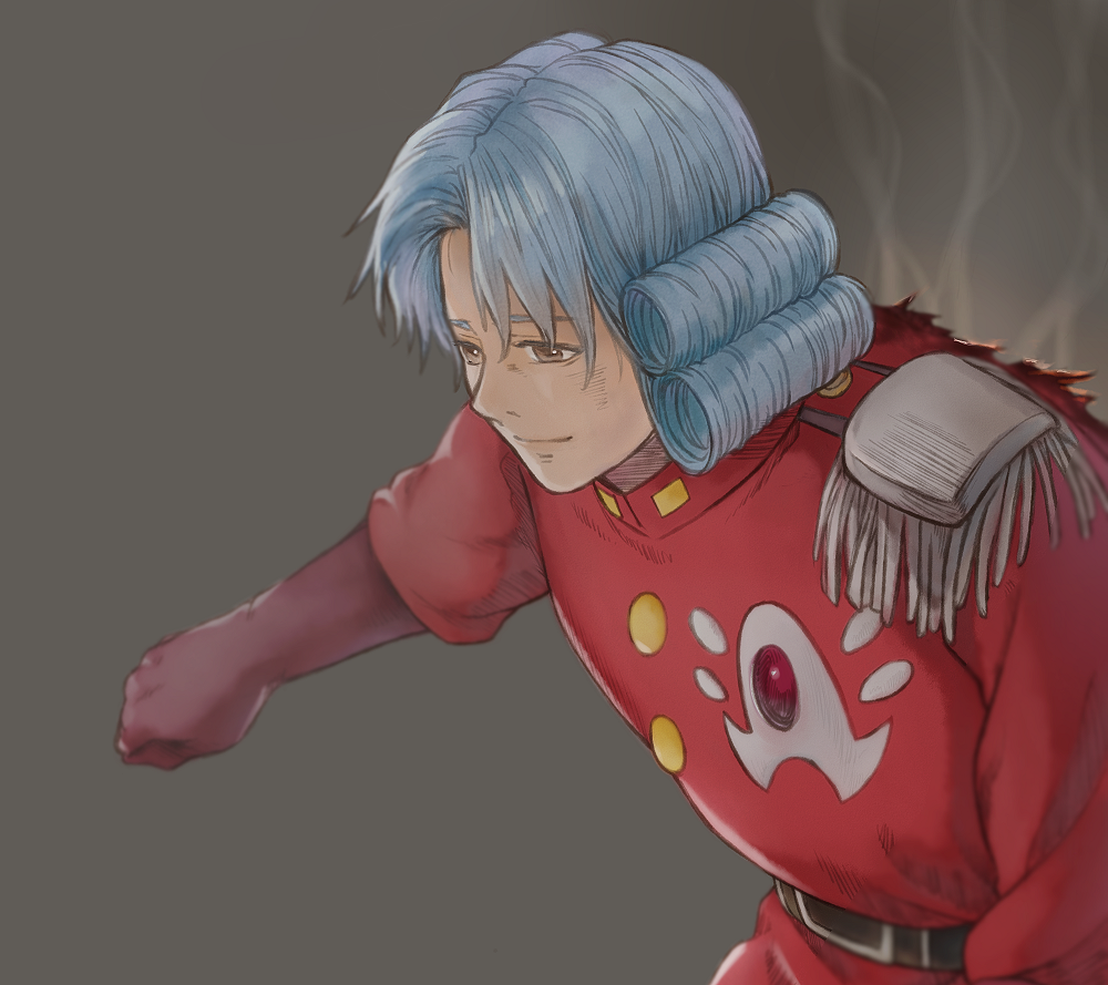 1boy avan_de_ginual_the_third b-saku belt blue_hair blurry brown_eyes bruise bruise_on_face closed_mouth depth_of_field dragon_quest dragon_quest_dai_no_daibouken epaulettes gloves grey_background injury jacket light_smile male_focus outstretched_arm red_gloves red_jacket ringlets simple_background smile smoke solo upper_body