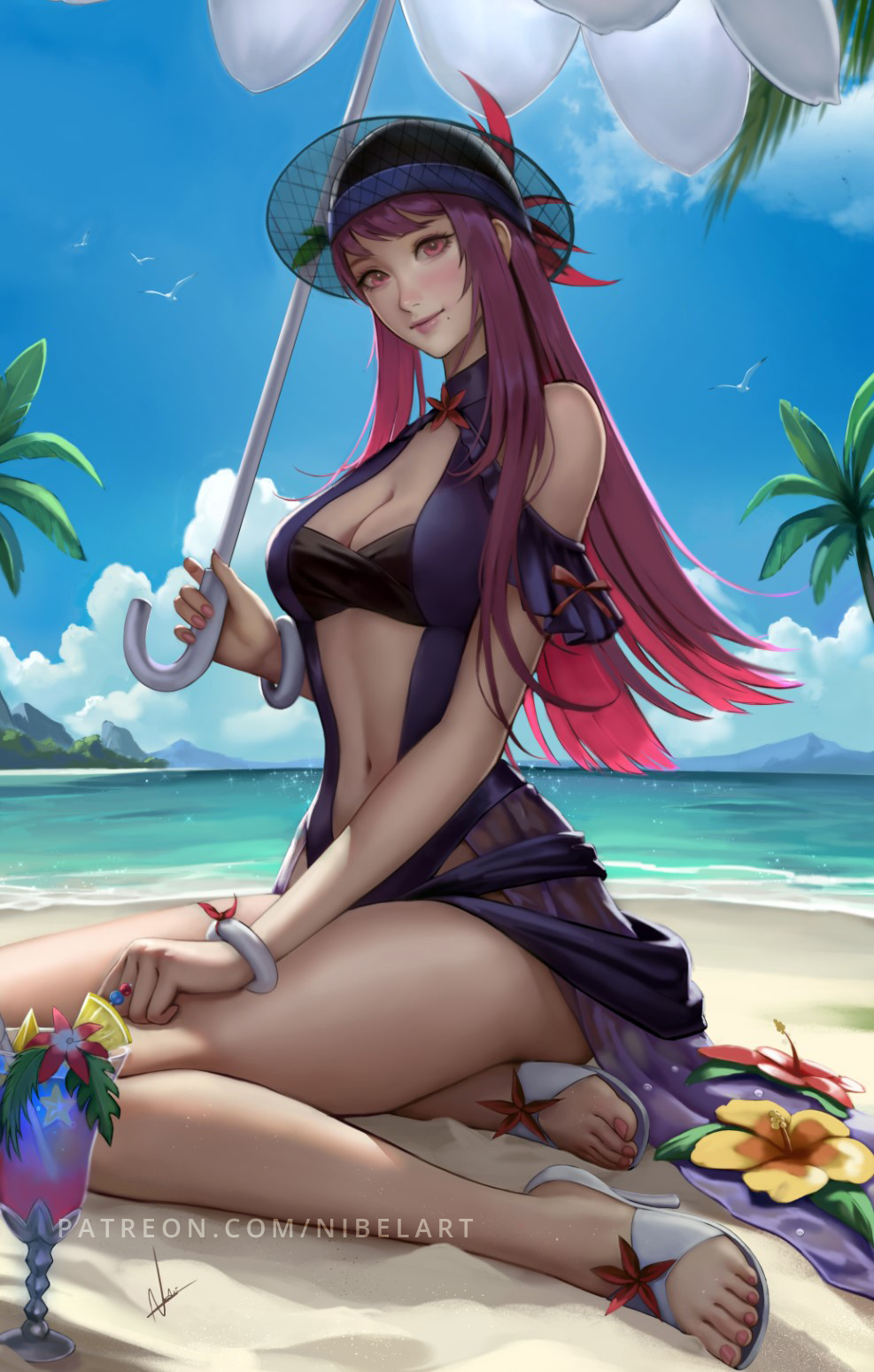 1girl blue_one-piece_swimsuit casual_one-piece_swimsuit clothing_cutout dress_swimsuit fire_emblem fire_emblem_engage fire_emblem_heroes flower flower_umbrella hat hat_flower highres ivy_(fire_emblem) ivy_(summer)_(fire_emblem) long_hair looking_at_viewer nibelart one-piece_swimsuit see-through_headwear smile stomach_cutout swimsuit tropical_drink umbrella_flower