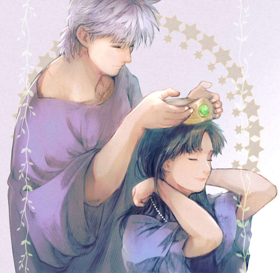 1boy 1girl b-saku bead_necklace beads blue_cloak cloak closed_eyes closed_mouth dragon_quest dragon_quest_dai_no_daibouken eimi_(dai_no_daibouken) facing_another forehead_protector from_side gem green_gemstone grey_background grey_hair hands_up happy hyunkel jewelry long_hair long_sleeves necklace plant purple_shirt putting_on_headwear putting_on_jewelry shirt short_hair sleeves_pushed_up smile starry_background upper_body vines white_background