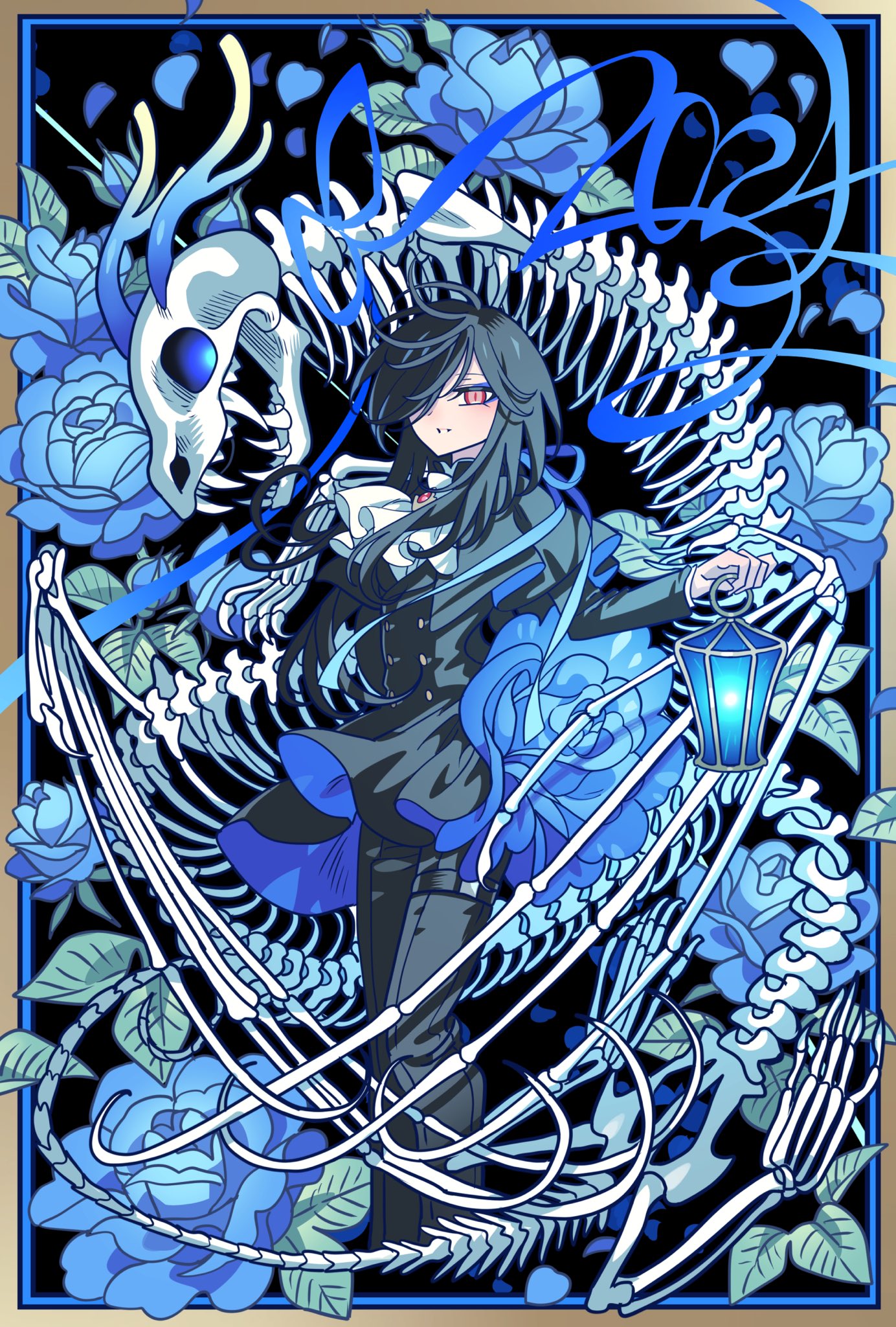 1other 2024 ambiguous_gender animal_skeleton ascot black_capelet black_hair black_jacket black_pants blue_flower blue_horns blue_rose border capelet cropped_legs feet_out_of_frame floral_background flower glowing glowing_eyes hair_over_one_eye highres holding holding_lantern horns jacket lantern long_hair long_sleeves meremero monster original pants parted_lips petals red_eyes rose skeleton smile solo standing white_ascot yellow_border