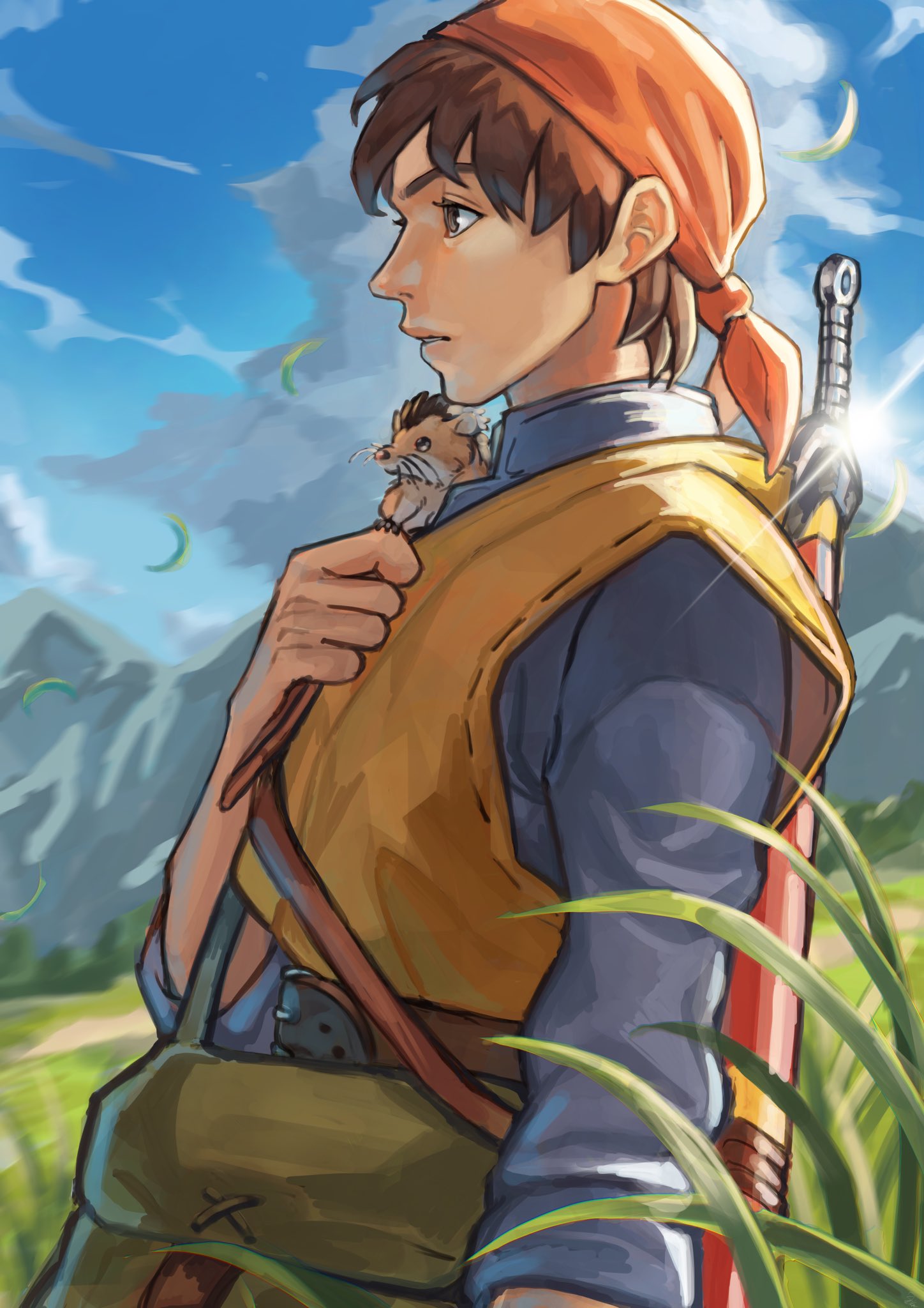 1boy animal_on_shoulder bandana belt blue_sky brown_eyes brown_hair clouds day dragon_quest dragon_quest_viii expressionless grass hero_(dq8) highres looking_to_the_side male_focus munchie_(dq8) outdoors parted_lips profile sabakan_(sabasabakan0) sky solo sword sword_on_back tall_grass upper_body vest weapon weapon_on_back
