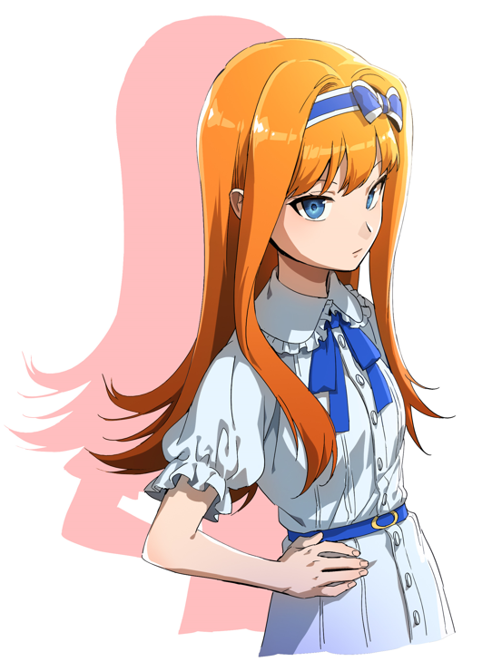 1girl belt blue_bow blue_eyes blue_hairband bow bow_hairband buttons closed_mouth collared_dress dress expressionless fingernails flat_chest frilled_dress frills ganno hair_intakes hairband hand_on_own_hip higurashi_no_naku_koro_ni_mei houtani_nao long_hair looking_at_viewer orange_hair puffy_short_sleeves puffy_sleeves shadow short_sleeves simple_background solo standing upper_body white_background white_dress