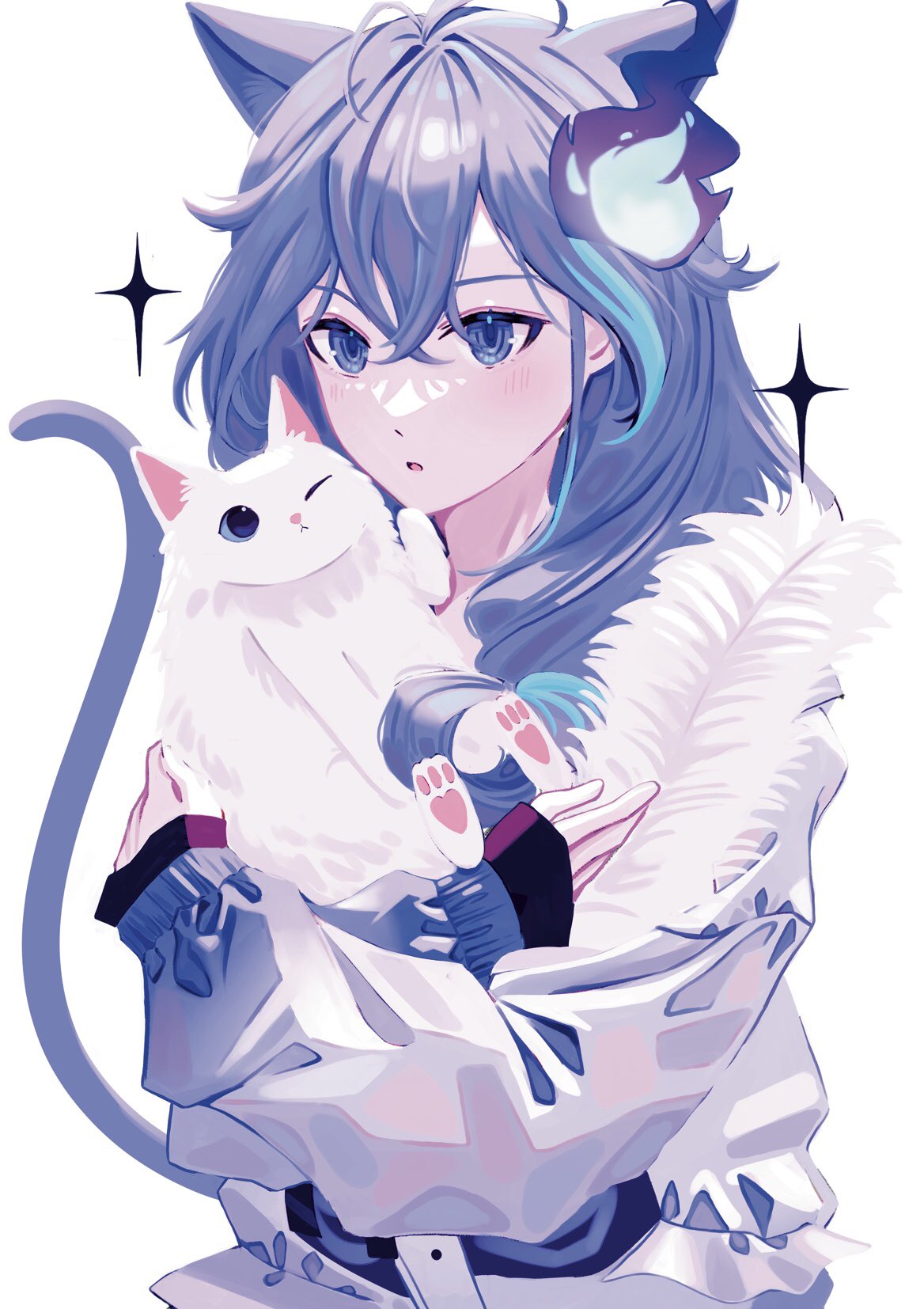 1boy androgynous animal animal_ears blue_hair cat cat_boy cat_ears cat_tail hair_between_eyes highres holding holding_animal holding_cat holostars light_blush long_hair looking_ahead male_focus minase_rio minase_rio_(1st_costume) nostresstuna open_mouth purple_hair ringed_eyes solo star_(symbol) tail upper_body violet_eyes virtual_youtuber white_background