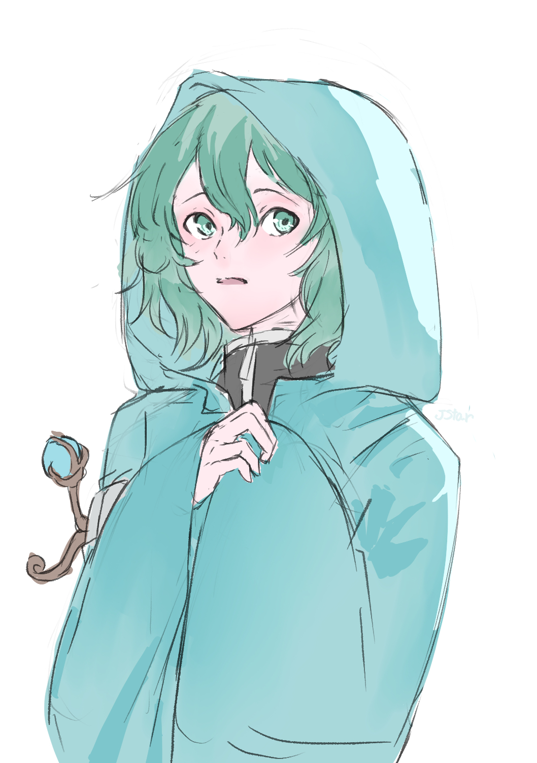 1other androgynous black_shirt blue_jacket commentary_request green_eyes green_hair hair_between_eyes hands_up highres hood hood_up hooded_jacket jacket len'en long_sleeves open_mouth other_focus shirt shitodo_aoji short_hair sketch solo upper_body yoni.