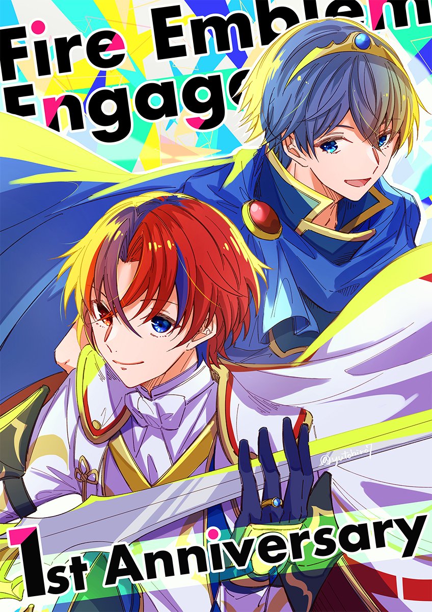 2boys alear_(fire_emblem) alear_(male)_(fire_emblem) blue_cape blue_eyes blue_hair cape closed_mouth crossed_bangs fire_emblem fire_emblem:_mystery_of_the_emblem fire_emblem_engage gloves hair_between_eyes highres holding holding_sword holding_weapon looking_at_viewer male_focus marth_(fire_emblem) multiple_boys open_mouth red_eyes redhead short_hair smile sword tiara weapon white_cape yutohiroya