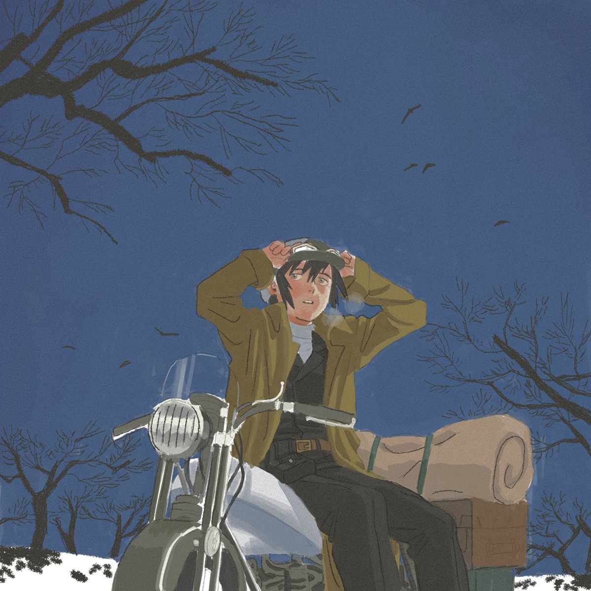 1girl adjusting_eyewear amber389 androgynous arms_up bare_tree belt black_hair black_jacket black_pants blue_sky breath brough_superior brown_belt brown_coat coat feet_out_of_frame goggles goggles_on_headwear grey_eyes hat hermes_(kino_no_tabi) highres jacket kino_(kino_no_tabi) kino_no_tabi long_sleeves looking_to_the_side motor_vehicle motorcycle open_clothes open_coat outdoors pants parted_lips shirt short_hair simple_bird sitting sky snow solo tree turtleneck white_shirt winter