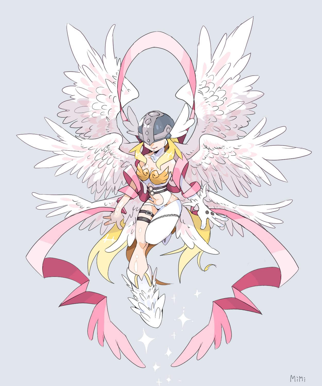 1girl angel angel_wings angewomon artist_name belt blonde_hair breasts chibi clothing_cutout covered_eyes digimon helmet highres long_hair medium_breasts mimi_02525 o-ring ribbon solo stomach_cutout wings