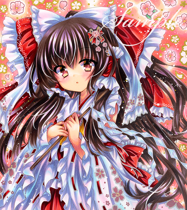 1girl bow brown_eyes brown_hair cherry_blossom_print embellished_costume floral_print flower frilled_hair_tubes frilled_shirt_collar frills gohei hair_bow hair_ornament hair_tubes hakurei_reimu holding holding_gohei long_hair long_sleeves looking_at_viewer marker_(medium) parted_lips pink_flower red_bow red_ribbon ribbon ribbon-trimmed_sleeves ribbon_trim rui_(sugar3) sample_watermark solo touhou traditional_media upper_body watermark white_bow white_sleeves wide_sleeves
