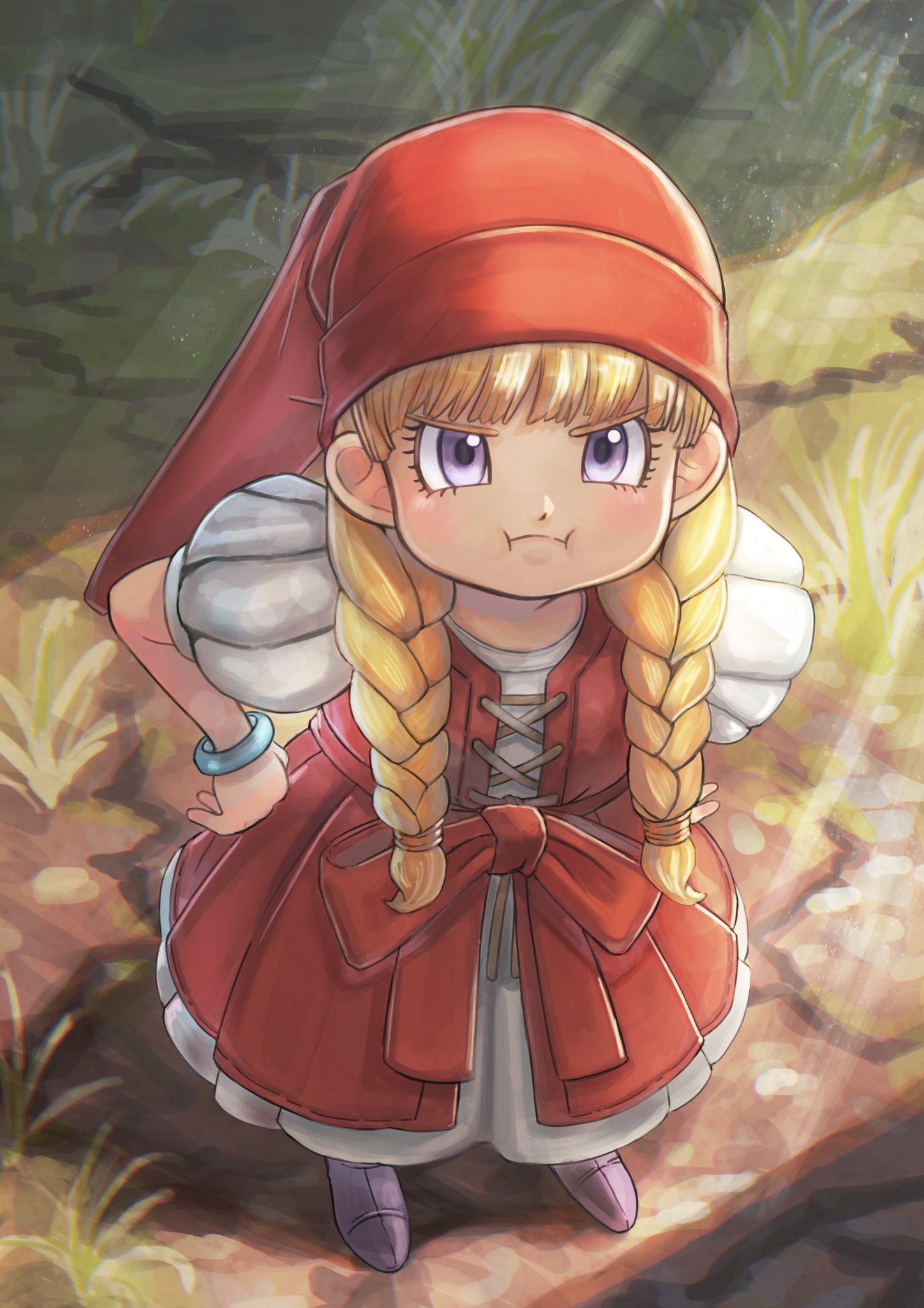 1girl bangle blonde_hair blush bracelet braid dragon_quest dragon_quest_xi dress from_above grass highres jewelry long_hair looking_at_viewer outdoors pout red_dress red_headwear sabakan_(sabasabakan0) shade solo sunlight twin_braids veronica_(dq11) violet_eyes