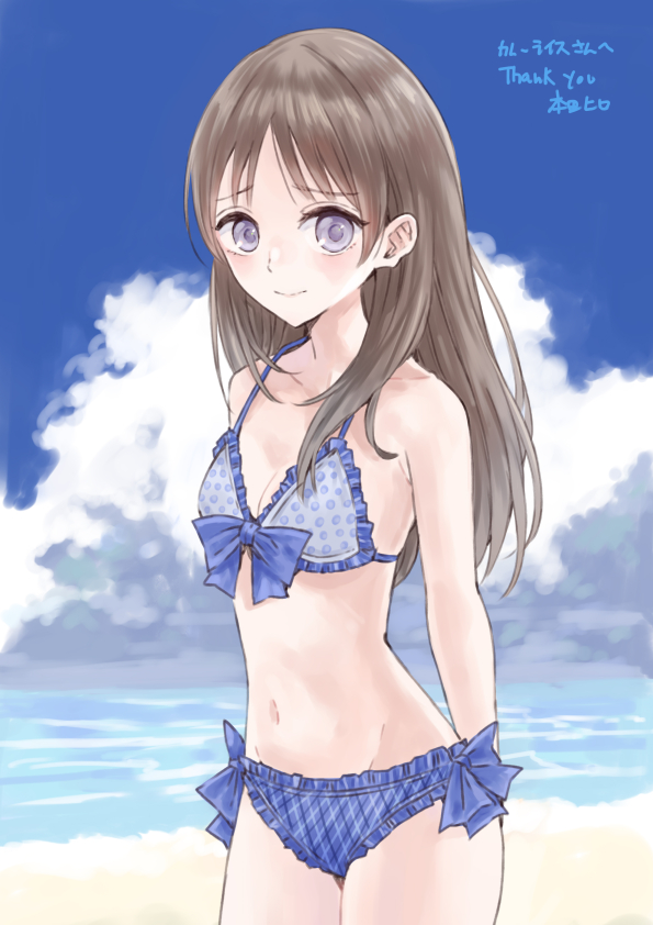 1girl atelier_(series) atelier_totori bikini brown_hair closed_mouth clouds commission hondahiro long_hair looking_at_viewer navel skeb_commission smile solo swimsuit totooria_helmold