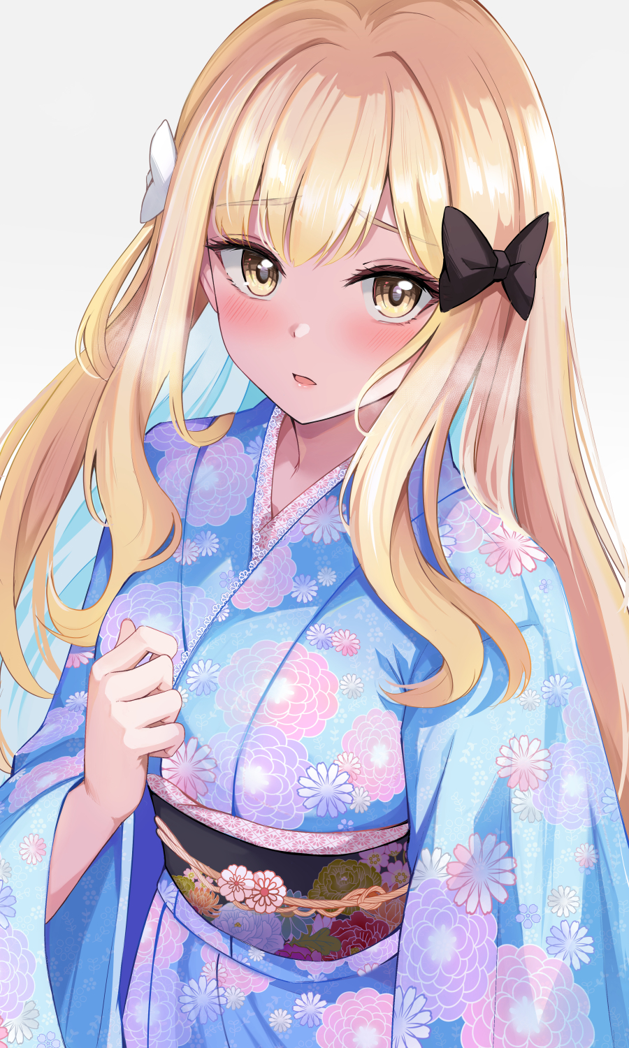 1girl black_bow blonde_hair blue_kimono blush bow breasts commentary floral_print hair_bow highres japanese_clothes kimono konka large_breasts long_hair long_sleeves looking_at_viewer obi open_mouth princess_connect! saren_(princess_connect!) saren_(real)_(princess_connect!) sash sidelocks solo symbol-only_commentary wide_sleeves yellow_eyes