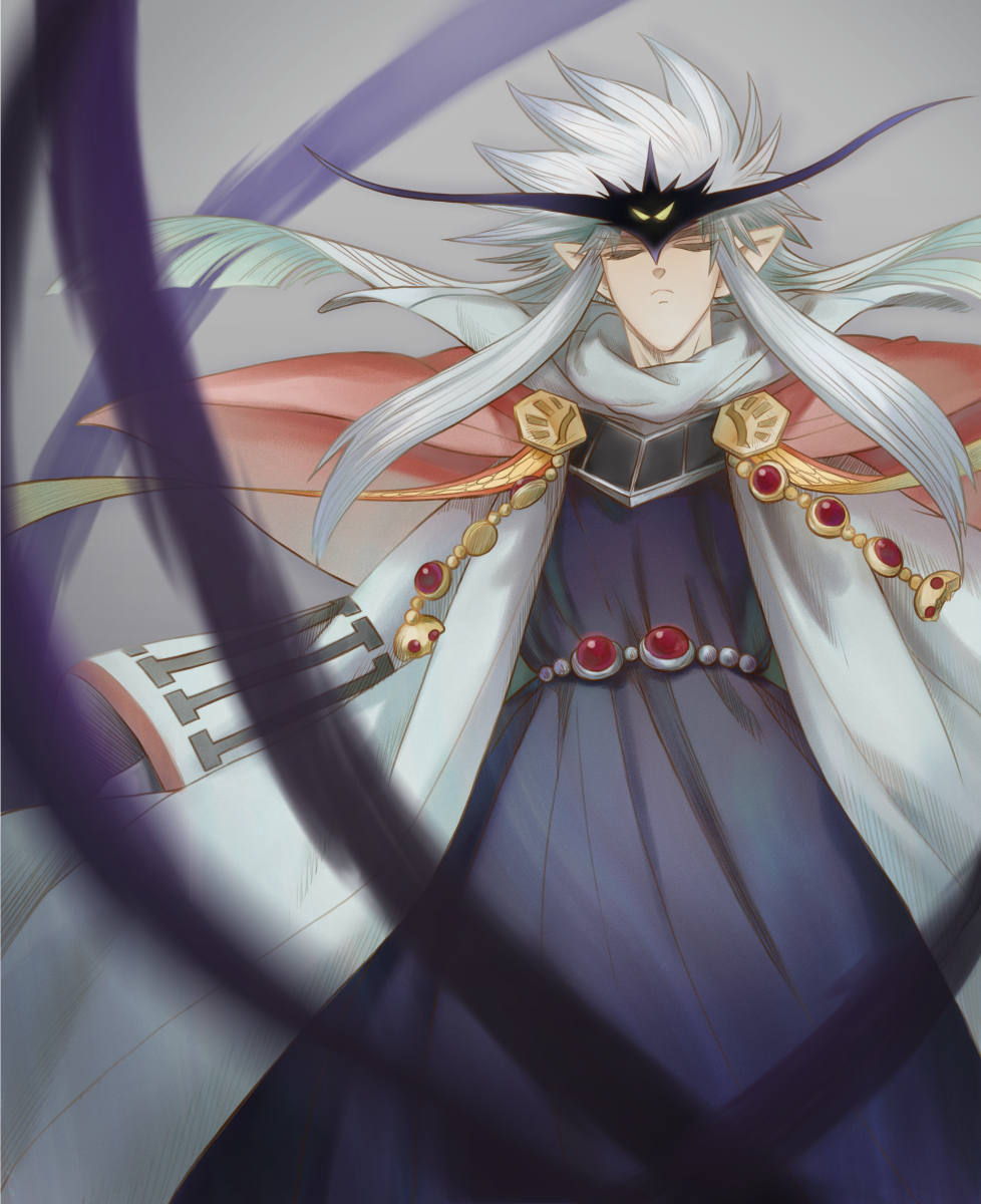 1boy b-saku blue_robe cape closed_mouth coat creature dragon_quest dragon_quest_dai_no_daibouken facing_viewer feet_out_of_frame floating_hair frown grey_background highres looking_at_viewer male_focus myst-vearn pointy_ears possessed red_cape robe sidelocks standing stole visible_air white_coat yellow_eyes
