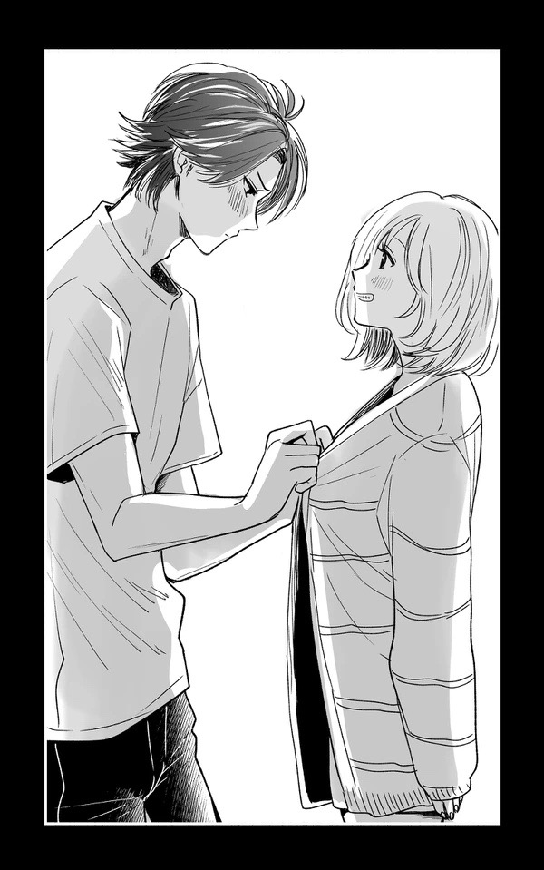 1boy 1girl blush bob_cut couple cowboy_shot from_side greyscale grin hands_up height_difference hetero long_sleeves looking_at_another looking_down minato_(pixiv31986490) monochrome niina_junpei profile protagonist_(tokimemo_gs3) shirt short_hair short_sleeves simple_background sleeves_past_wrists smile t-shirt tokimeki_memorial tokimeki_memorial_girl's_side_3rd_story undressing