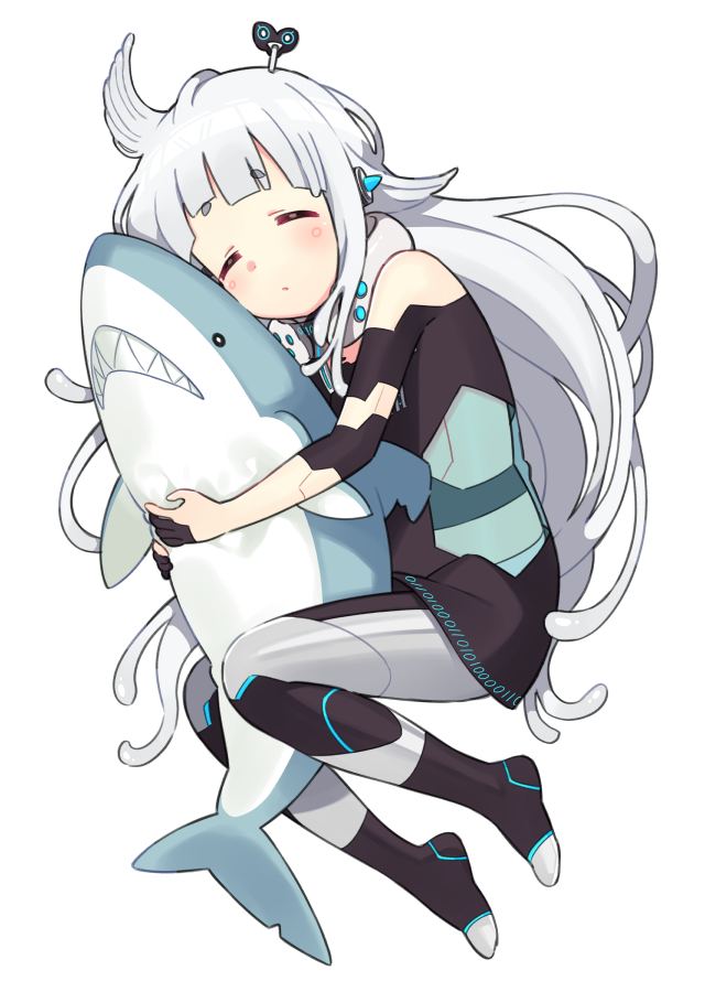 1girl and_uge android bare_shoulders black_dress black_gloves blush closed_eyes closed_mouth dress facing_viewer full_body gloves grey_hair half_gloves hugging_object kusumoto_shizuru liquid_hair long_hair nanashi_inc. partially_fingerless_gloves short_eyebrows simple_background solo stuffed_animal stuffed_shark stuffed_toy thick_eyebrows v_ap_art very_long_hair virtual_youtuber white_background winding_key