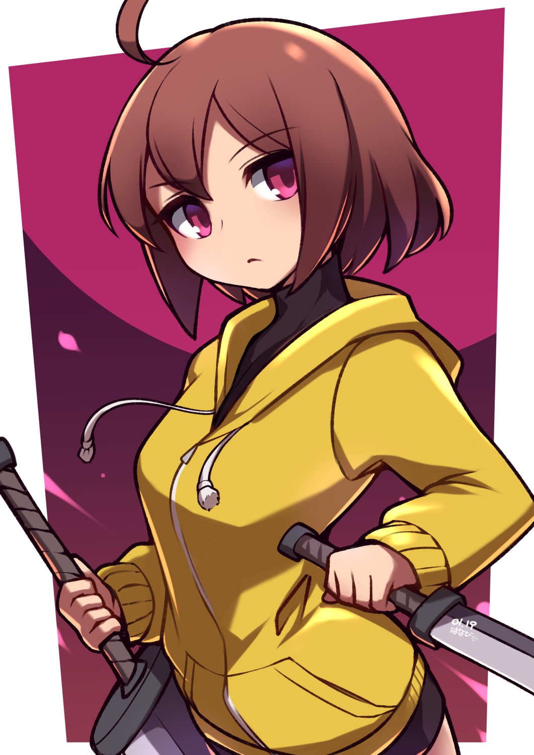 1girl ahoge bike_shorts breasts brown_hair closed_mouth commentary_request dated dual_wielding frown highres holding hood hoodie huge_ahoge knife linne looking_at_viewer reverse_grip shirt short_hair small_breasts solo sword umenodo under_night_in-birth violet_eyes weapon yellow_hoodie