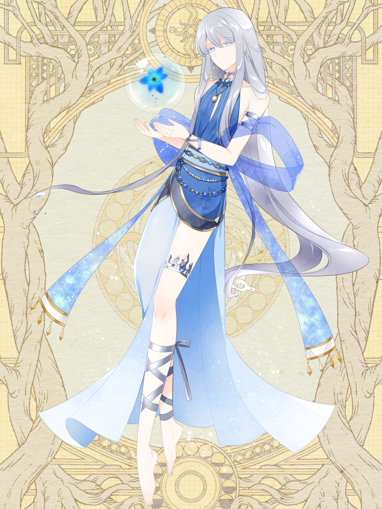 1boy androgynous armlet barefoot belly_chain blue_eyes blue_flower blue_robe blue_sash blue_shawl bubble colored_eyelashes cupping_hands dairoku_ryouhei dot_mouth earrings expressionless flower full_body grey_hair grey_ribbon hair_between_eyes halterneck jewelry l_(matador) leg_ribbon liquid_hair long_hair looking_at_viewer male_focus own_hands_together pendant ribbon robe sash see-through see-through_shawl shawl side_slit sleeveless solo starry_sky_print thetis_castalia thighlet very_long_hair yellow_background