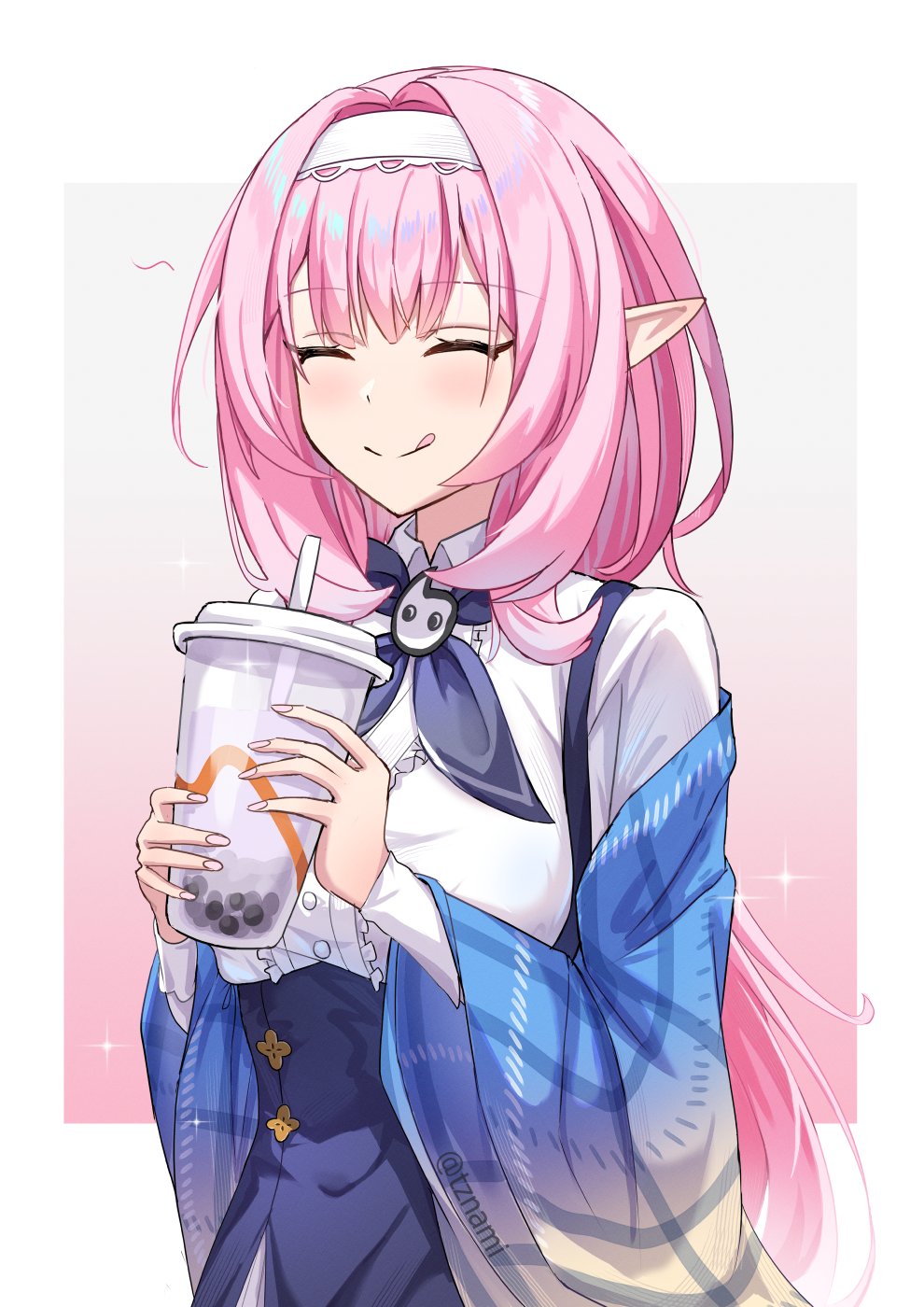 1girl :q ^_^ blue_jacket bubble_tea closed_eyes commentary cup elysia_(honkai_impact) hairband highres holding holding_cup honkai_(series) honkai_impact_3rd jacket medium_hair nami_(tznami) off_shoulder pink_hair pointy_ears portrait shirt smile solo suspenders tongue tongue_out upper_body white_hairband white_shirt