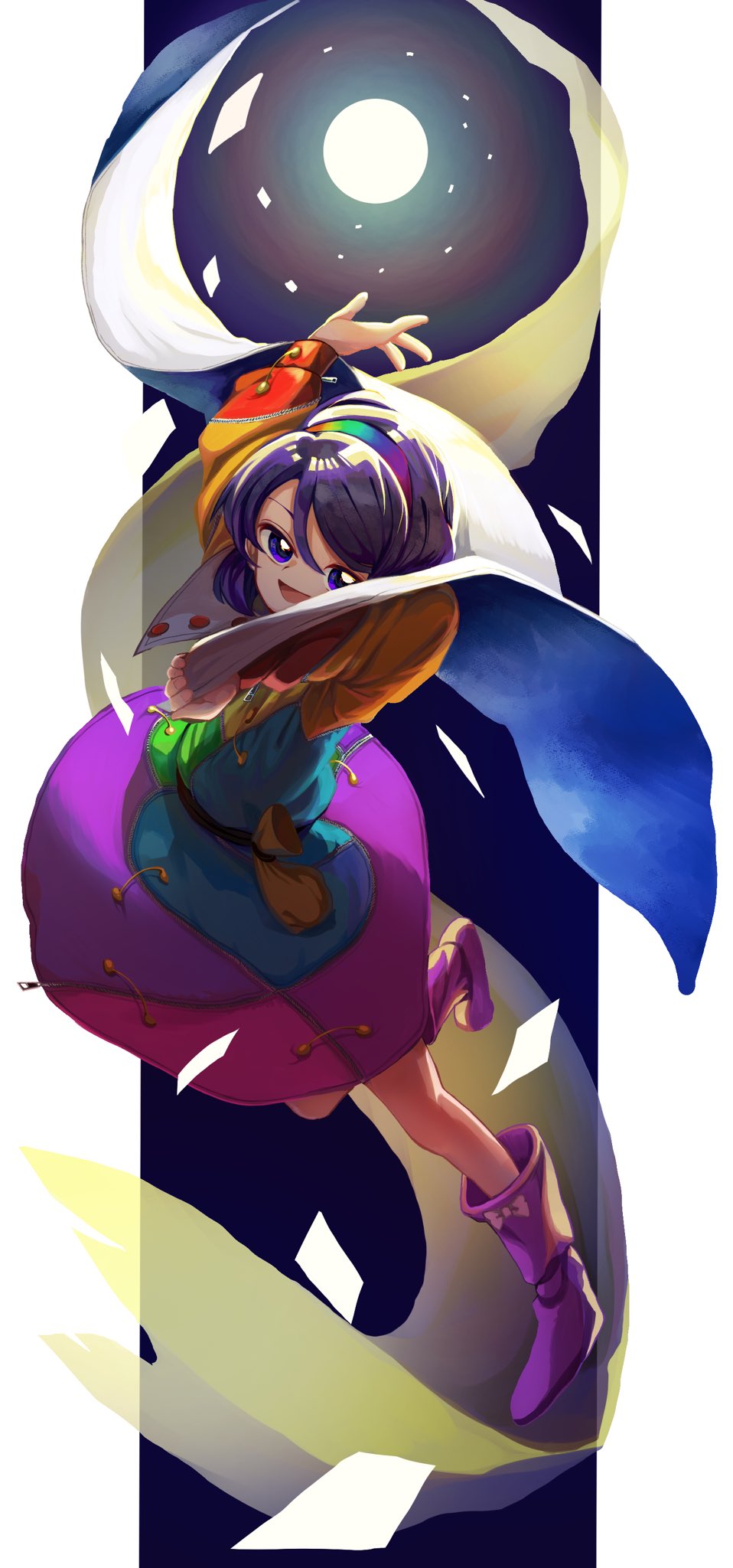 1girl blue_eyes blue_shirt cape dress full_body hairband highres long_sleeves looking_at_viewer matsukuzu multicolored_clothes multicolored_dress multicolored_hairband open_mouth purple_footwear shirt short_hair solo tenkyuu_chimata touhou white_cape