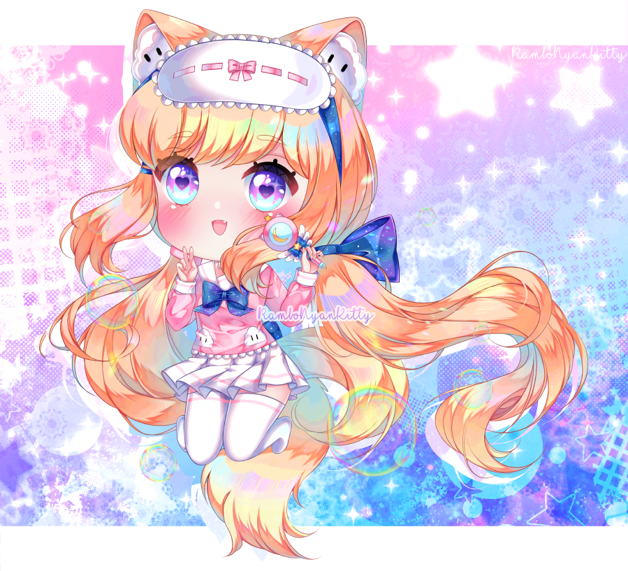 1girl animal_ear_fluff animal_ears animal_print artist_name blonde_hair blue_background blue_bow blue_bowtie blue_eyes blue_hairband blush border bow bowtie chibi cityscape collared_shirt crescent eyelashes fang fox_ears fox_tail gift_art gradient_background hair_bow hairband heart heart_in_eye holding holding_wand lace_trim letterboxed long_hair long_sleeves looking_at_viewer low_twintails lunime magical_girl mask mask_on_head miniskirt nyahallo_(rambonyankitty) open_mouth original outside_border pink_background pink_bow pink_shirt pink_sleeves pleated_skirt pocket rabbit_print ribbon_trim sailor_collar school_uniform senpaibuns serafuku shirt skirt sleep_mask smile solo sparkle starry_background symbol_in_eye tail thigh-highs twintails two-tone_eyes v very_long_hair violet_eyes wand watermark white_border white_mask white_sailor_collar white_skirt white_thighhighs