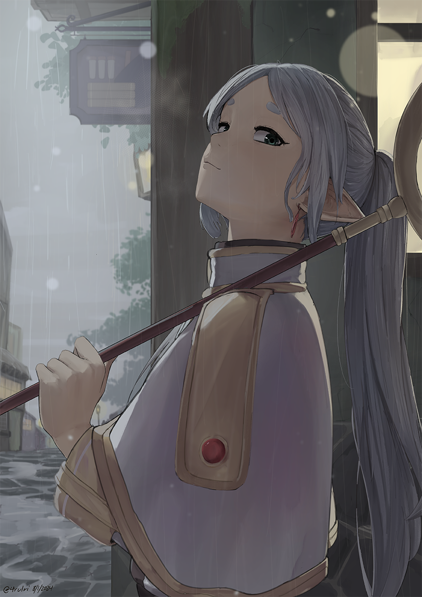 1girl capelet cobblestone dangle_earrings dated earrings frieren green_eyes highres holding holding_staff jewelry long_hair looking_at_viewer looking_to_the_side outdoors parted_bangs pointy_ears rain road rurikon solo sousou_no_frieren staff street twintails twitter_username white_capelet white_hair