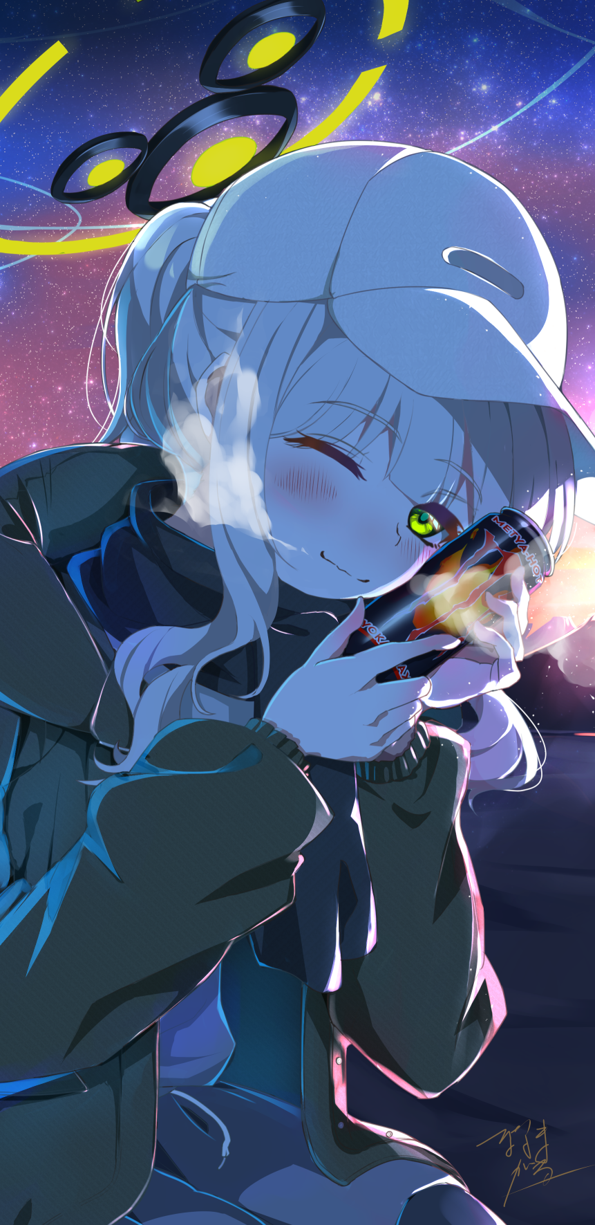 1girl baseball_cap black_scarf blue_archive blush can can_to_cheek closed_mouth commentary_request green_eyes green_halo green_jacket halo hare_(blue_archive) hare_(camp)_(blue_archive) hat highres holding holding_can jacket looking_at_viewer nanamagaru night night_sky official_alternate_costume one_eye_closed open_clothes open_jacket ponytail scarf sidelocks signature sitting sky smile solo star_(sky) starry_sky white_hair white_headwear