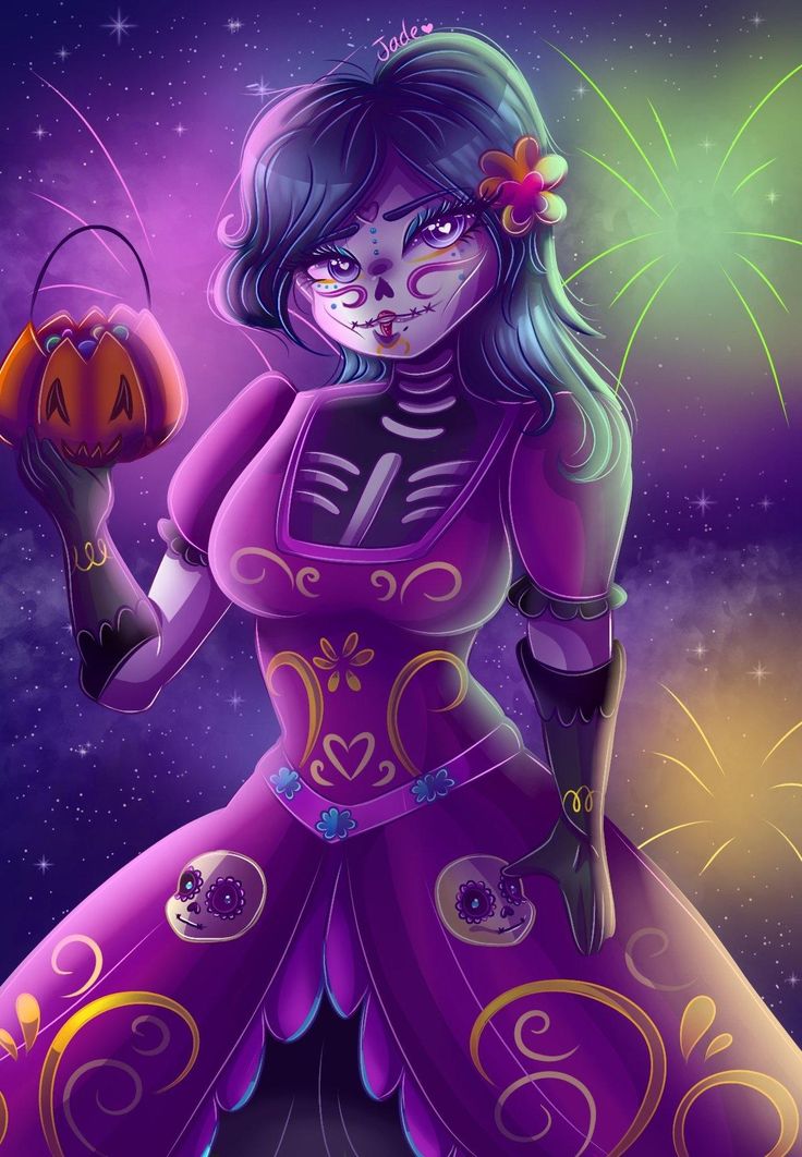 1girl artist_request black_hair blush breasts calavera catalina_(catalina_la_catrina) catalina_la_catrina colored_skin dia_de_muertos dress facial_mark flower forehead_mark hair_flower hair_ornament halloween_bucket la_catrina looking_at_viewer makeup mexico non-web_source ponytail purple_dress purple_skin solo tagme violet_eyes
