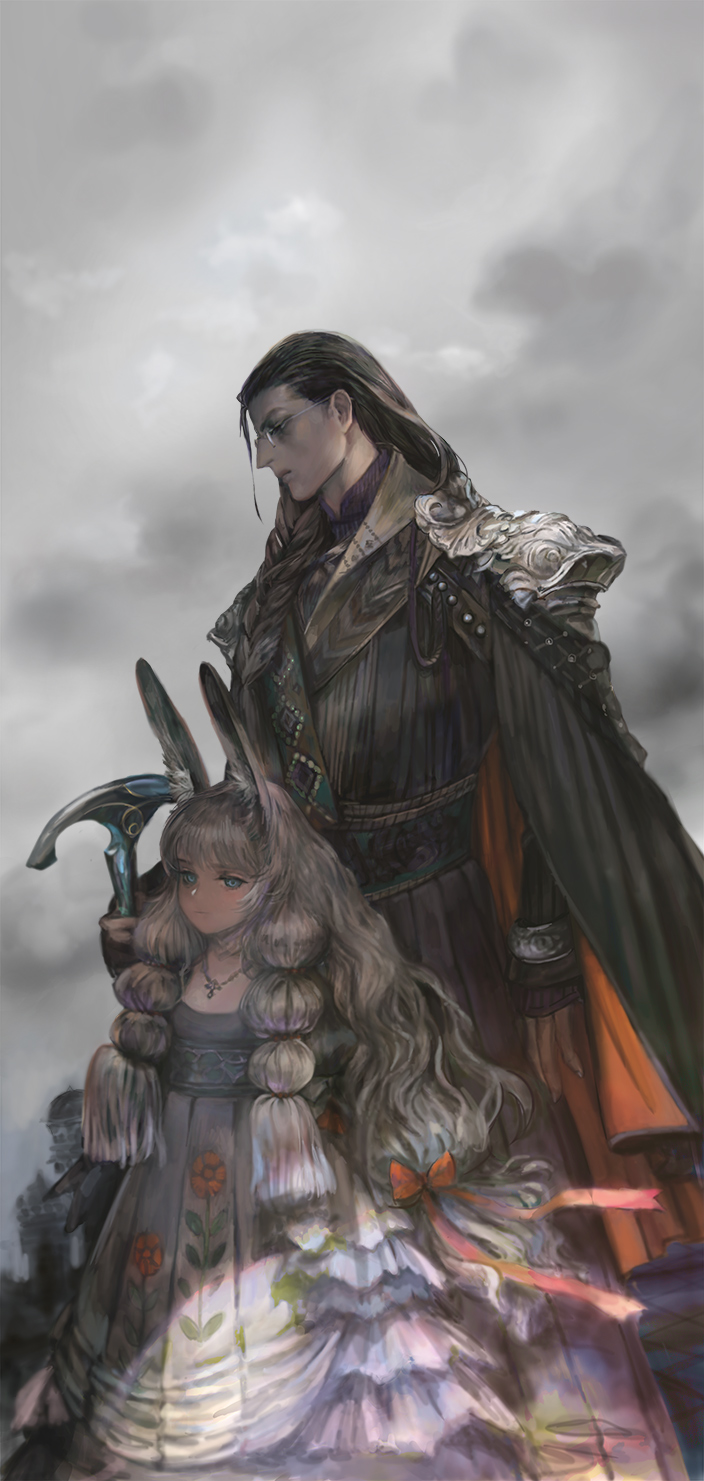 1boy 1girl animal_ears armor black_cape black_hair blonde_hair blue_dress blue_eyes cape clouds cross_pendant curly_hair dress floral_print frilled_dress frills glasses grey_sky highres holding holding_staff long_hair looking_at_viewer original outdoors overcast profile rabbit rabbit_ears rabbit_girl shoulder_armor sky staff tomatika