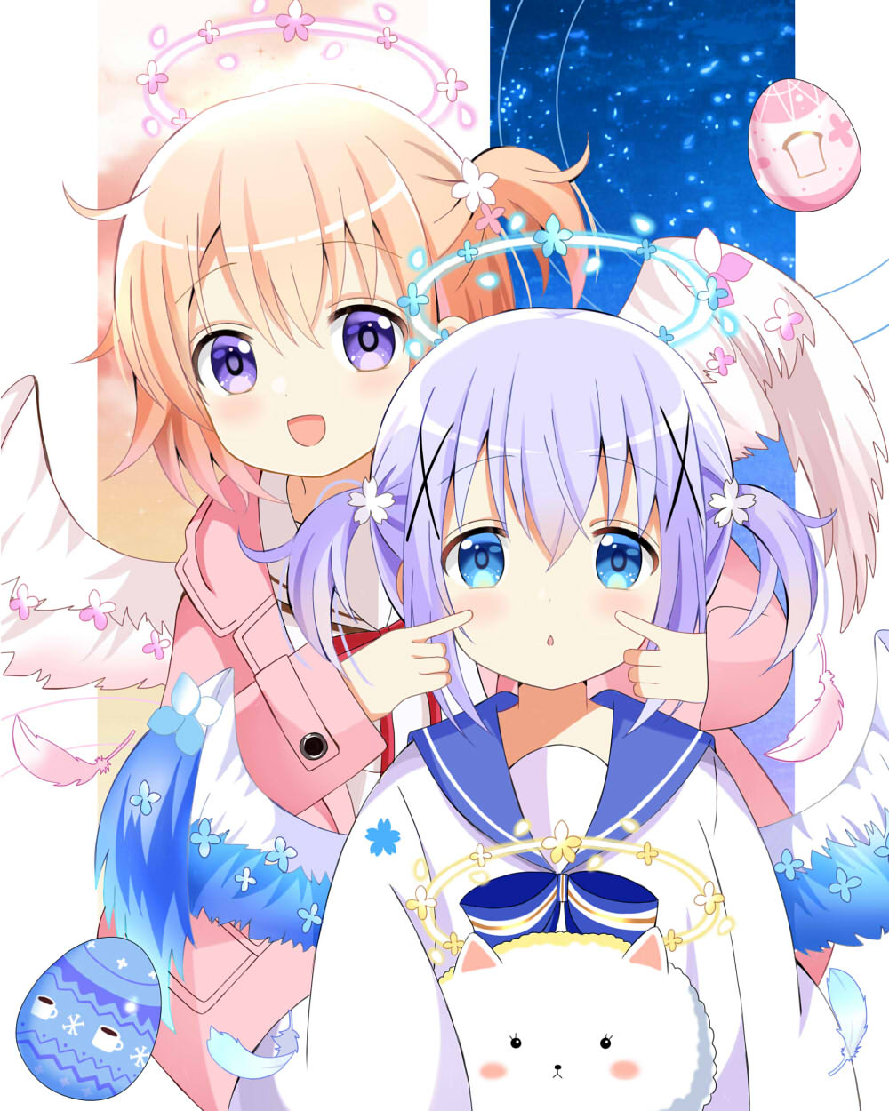 2girls angel_wings angora_rabbit animal blue_eyes blue_hair blue_halo blue_wings blush dress feathered_wings gochuumon_wa_usagi_desu_ka? halo highres hoto_cocoa jacket kafuu_chino long_hair long_sleeves looking_at_viewer multiple_girls open_clothes open_jacket open_mouth orange_hair parted_lips pink_halo pink_jacket rabbit ryoutan short_hair side_ponytail smile tippy_(gochiusa) twintails violet_eyes white_dress white_wings wings yellow_halo