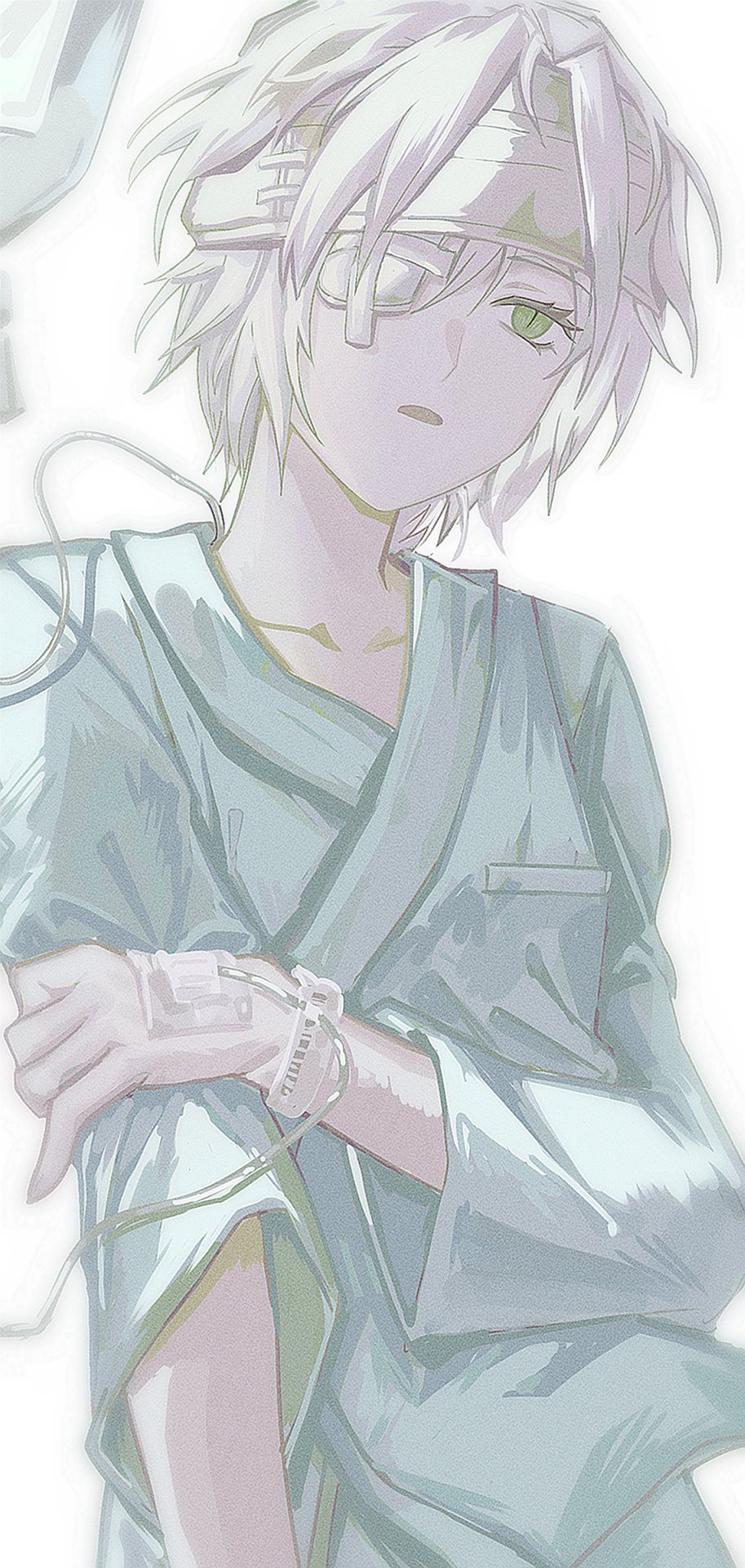1boy aged_down bandaged_head bandages breast_pocket expressionless eyepatch final_fantasy final_fantasy_vii green_eyes green_shirt hand_on_own_arm hand_up highres hityandayo hospital_gown intravenous_drip long_sleeves male_focus medical_eyepatch one_eye_covered open_mouth pocket sephiroth shirt short_hair simple_background slit_pupils solo upper_body white_background white_hair