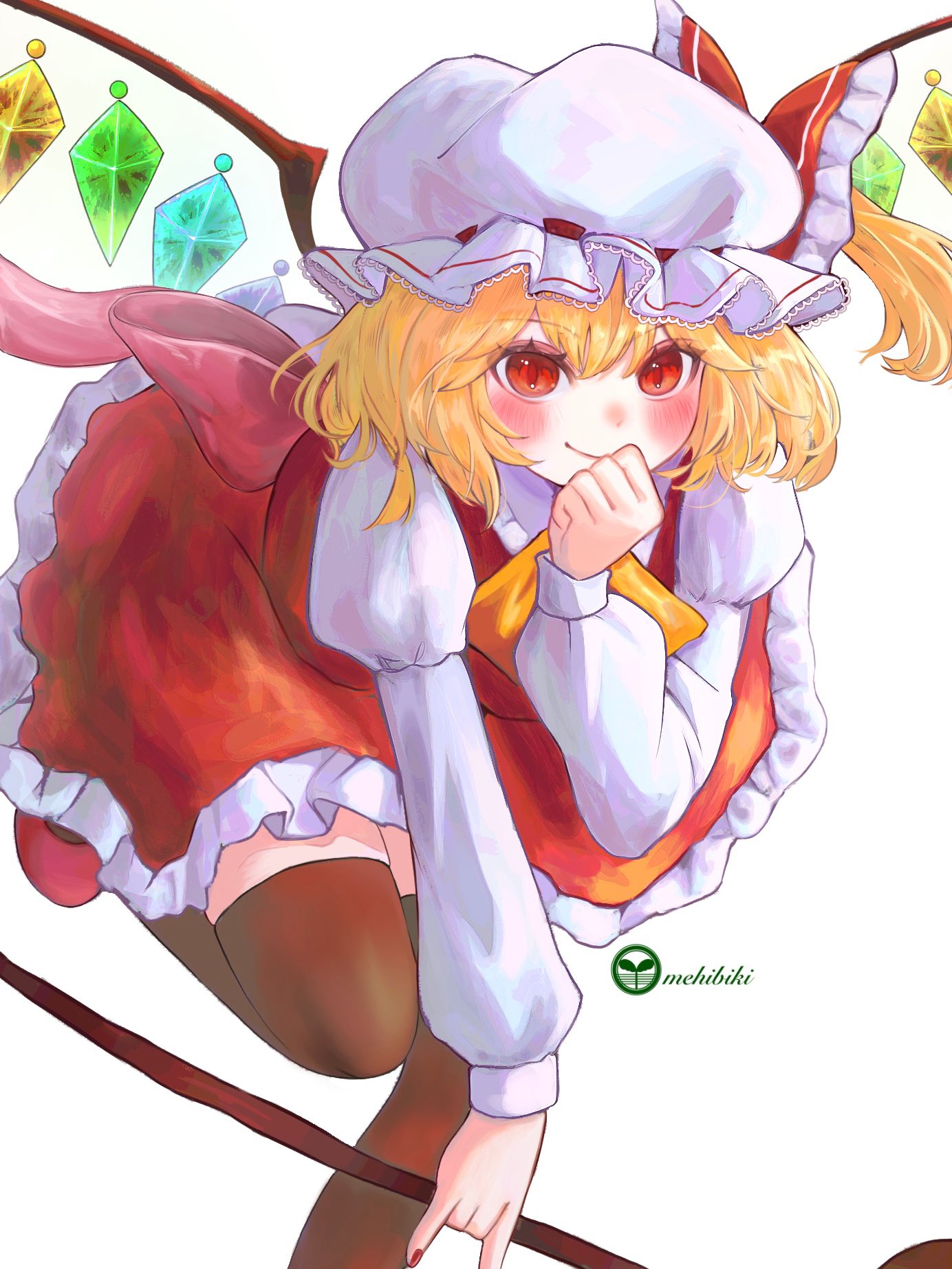 1girl artist_name ascot back_bow blonde_hair blush bow brown_thighhighs clenched_hand closed_mouth collared_shirt commentary_request crystal dress fingernails flandre_scarlet frills hair_between_eyes hand_up hat hat_bow highres holding holding_weapon juliet_sleeves laevatein_(touhou) leg_up long_sleeves looking_at_viewer mehibikiizuha mob_cap multicolored_wings nail_polish one_side_up orange_ascot pink_bow pointy_ears puffy_long_sleeves puffy_sleeves red_bow red_dress red_eyes red_footwear red_nails shirt shoes short_hair simple_background smile solo standing standing_on_one_leg thigh-highs touhou weapon white_background white_headwear white_shirt wings