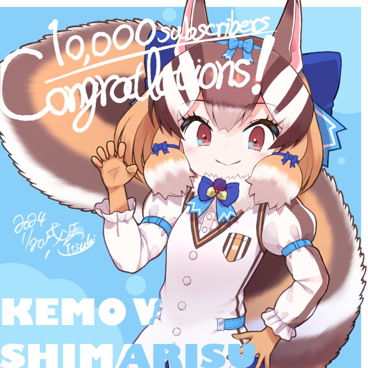 1girl animal_ears blue_background brown_eyes brown_hair chipmunk_ears chipmunk_girl chipmunk_tail extra_ears gloves highres kemono_friends kemono_friends_v_project kitsunetsuki_itsuki looking_at_viewer microphone ribbon shirt short_hair shorts siberian_chipmunk_(kemono_friends) simple_background solo tail vest virtual_youtuber