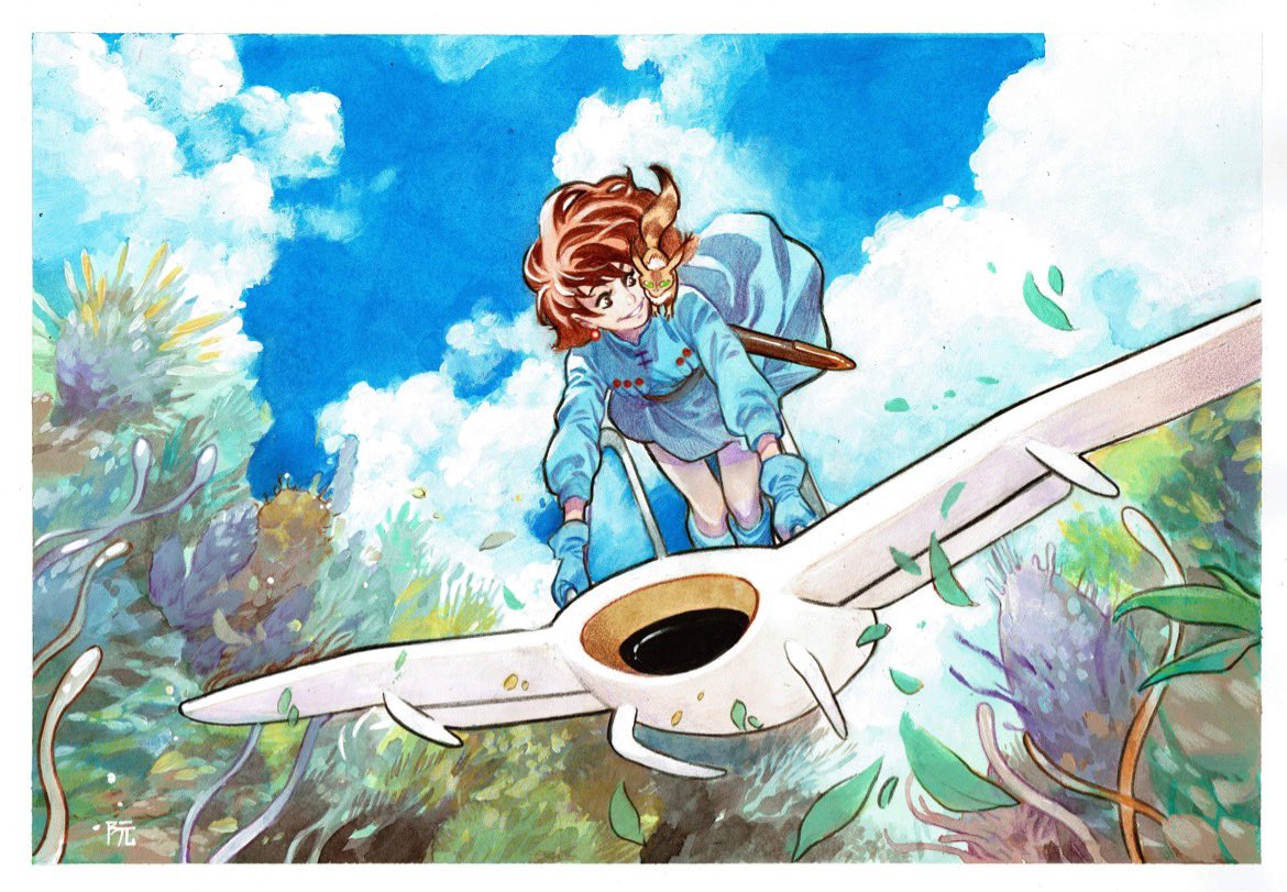 1girl aircraft animal_on_shoulder blue_dress blue_gloves border clouds commission dike_ruan dress earrings english_commentary floating_hair glider gloves grass hair_behind_ear jewelry kaze_no_tani_no_nausicaa nausicaa parted_lips plant short_hair sky smile solo teto_(nausicaa) white_border