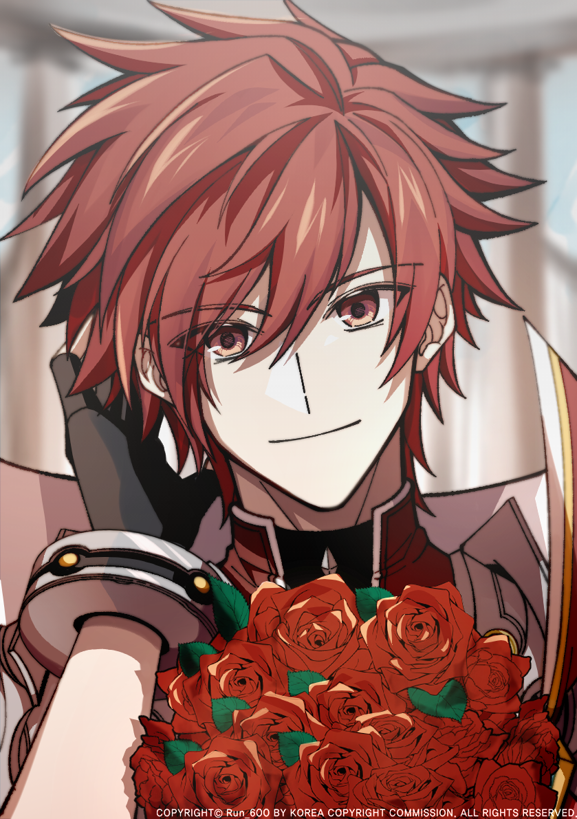 1boy black_gloves bouquet closed_mouth commentary elsword elsword_(character) english_commentary fingerless_gloves flower gloves holding holding_bouquet knight_emperor_(elsword) looking_at_viewer male_focus red_eyes red_flower red_rose rose runsir short_hair smile solo spiky_hair swept_bangs twitter_username