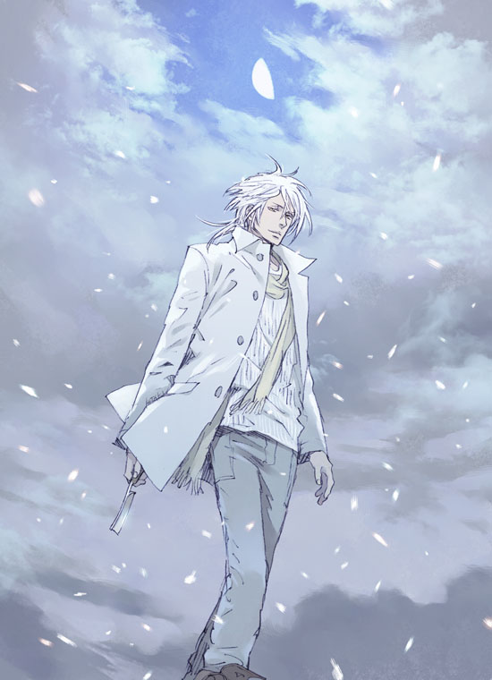 1boy buttons closed_mouth clouds day denim falling_petals grey_pants hitaki_(tempo) holding jacket jeans long_sleeves makishima_shougo male_focus outdoors pants petals psycho-pass scarf shirt short_hair sky solo standing white_hair white_jacket white_shirt