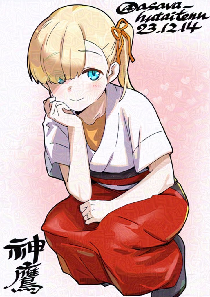 1girl asava_(hutaitenn) blonde_hair blue_eyes blunt_bangs character_name dated dougi full_body hair_ornament hair_ribbon hakama japanese_clothes kantai_collection long_hair one-hour_drawing_challenge pink_background red_hakama ribbon shin'you_(kancolle) side_ponytail solo squatting twitter_username
