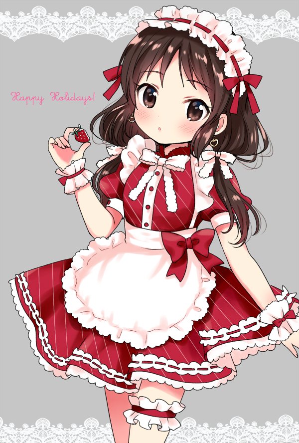 1girl apron blush bow bowtie breasts brown_eyes brown_hair cowboy_shot dot_nose dress earrings food frilled_apron frilled_headwear frills fruit grey_background hand_up happy_birthday heart heart_earrings holding holding_food holding_fruit idolmaster idolmaster_cinderella_girls idolmaster_cinderella_girls_starlight_stage jewelry long_hair looking_at_viewer parted_lips puffy_short_sleeves puffy_sleeves red_dress red_ribbon ribbon ribbon-trimmed_dress ribbon-trimmed_headwear ribbon_trim scrunchie shima(kanidess) short_sleeves small_breasts solo standing strawberry striped_clothes striped_dress tachibana_arisu thigh_strap waist_apron white_apron white_bow white_bowtie white_headdress white_ribbon white_scrunchie wrist_scrunchie