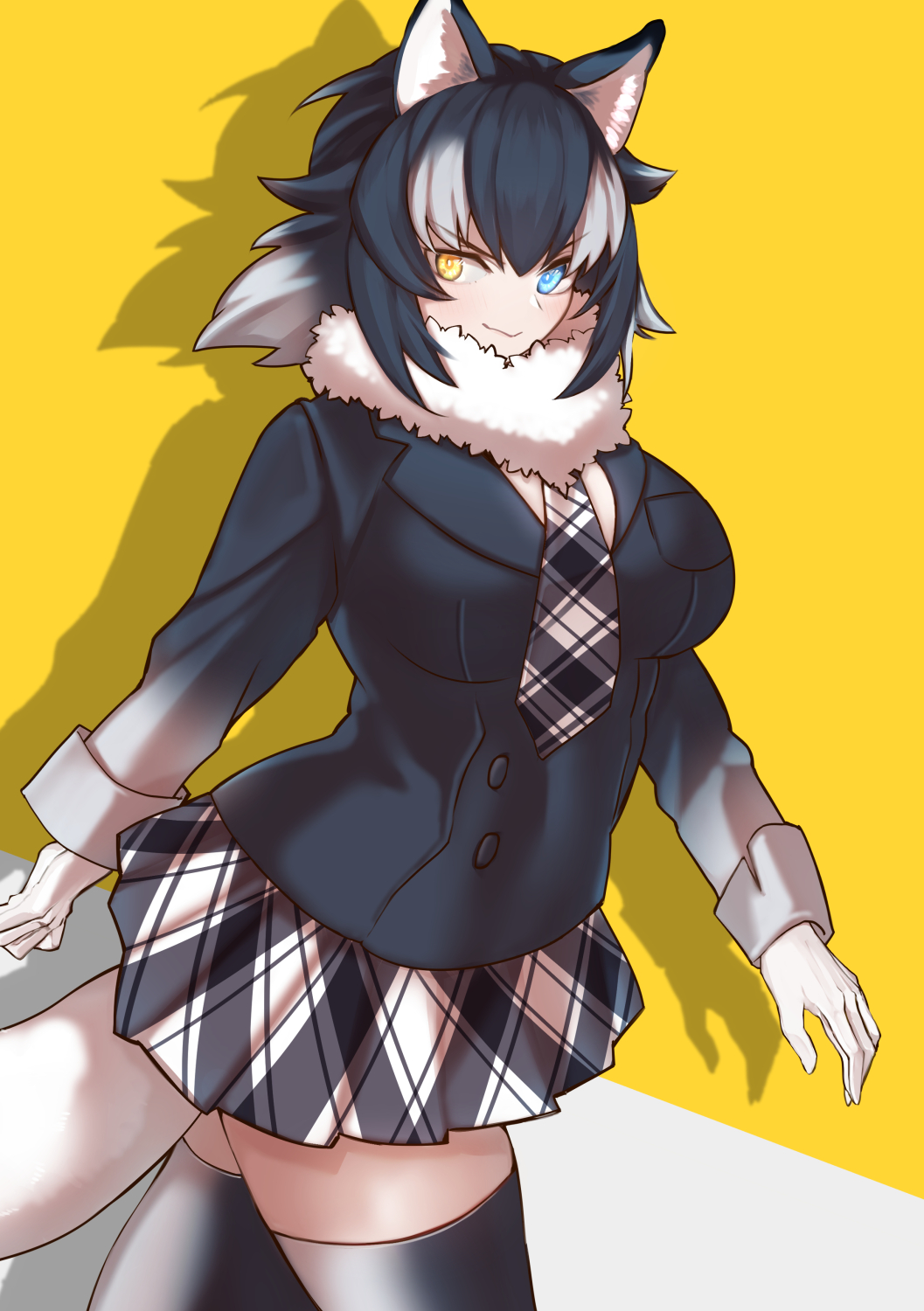 1girl a888_n22 animal_ears black_hair blue_eyes extra_ears gloves grey_wolf_(kemono_friends) heterochromia highres jacket kemono_friends kemono_friends_3 long_hair looking_at_viewer necktie scarf simple_background skirt solo tail thigh-highs wolf_ears wolf_girl wolf_tail yellow_background yellow_eyes