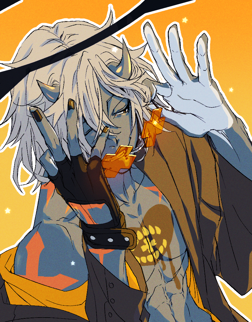 1boy abs black_gloves black_halo black_nails blue_horns blue_skin chest_tattoo colored_skin compass_rose_halo dark_halo fingerless_gloves gloves gradient_background grey_hair grin guilty_gear guilty_gear_strive halo hand_on_own_face happy_chaos heart heart_tattoo hitsuji_kusa horns male_focus muscular off_shoulder orange-tinted_eyewear short_hair smile solo star_(symbol) tattoo tinted_eyewear upper_body x-shaped_eyewear yellow_background