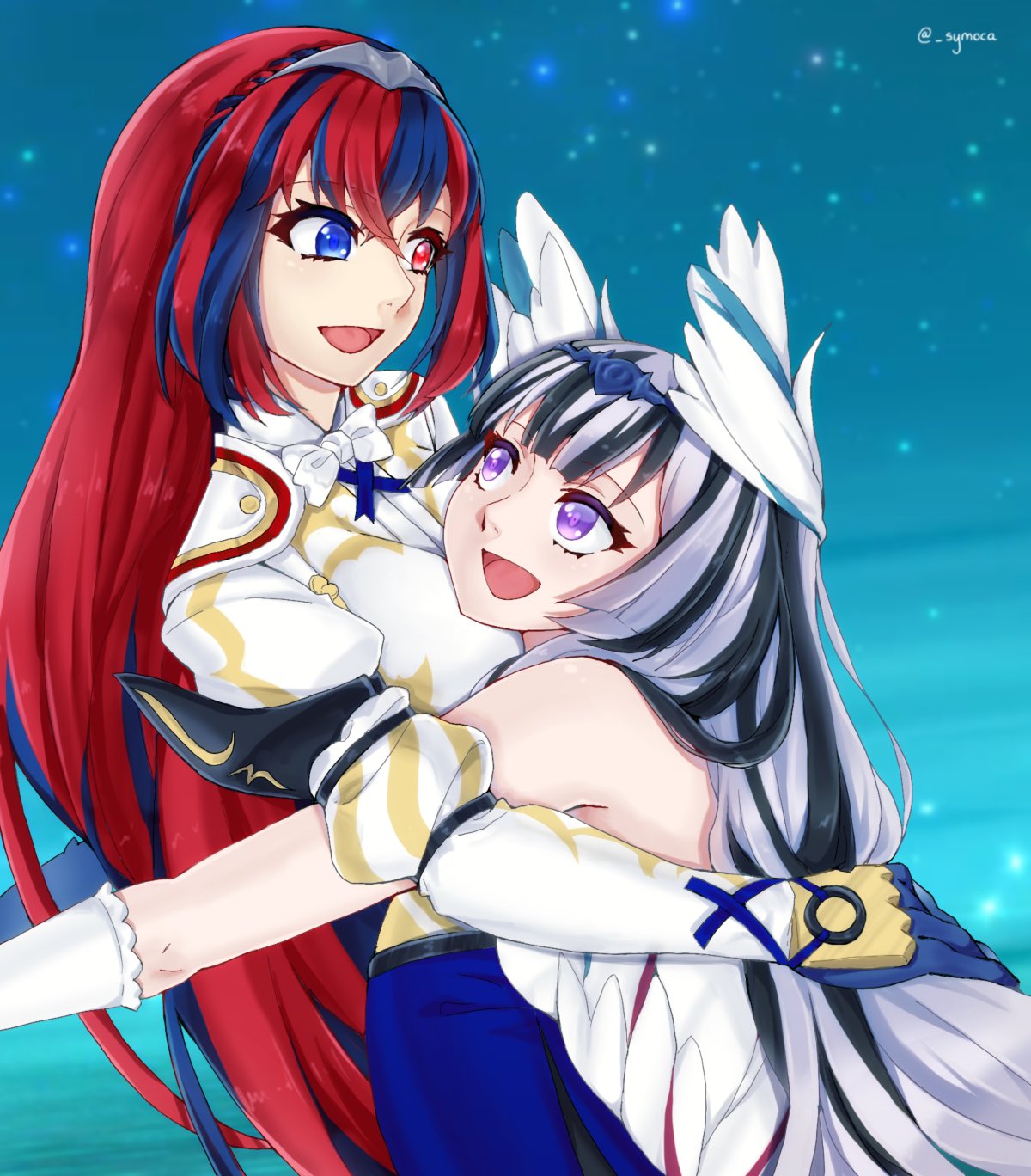 2girls alear_(female)_(fire_emblem) alear_(fire_emblem) black_hair blue_background blue_eyes blue_hair feather_dress feather_hair_ornament feathered_wings feathers fire_emblem fire_emblem_engage hair_ornament heterochromia highres hug looking_at_another multicolored_hair multiple_girls open_mouth red_eyes redhead ribbon siblings simple_background sisters smile symoca veyle_(fire_emblem) violet_eyes white_hair wings