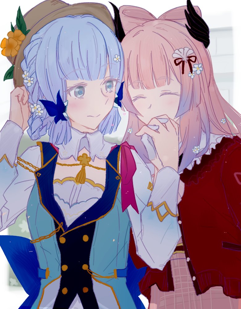 2girls blue_eyes blue_hair bow-shaped_hair brown_headwear butterfly_hair_ornament closed_eyes closed_mouth colored_tips dress facing_another flower genshin_impact gloves hair_flower hair_ornament holding_hands jacket kamisato_ayaka kamisato_ayaka_(springbloom_missive) kiss kissing_hand light_blue_hair long_sleeves looking_at_another mole mole_under_eye multicolored_hair multiple_girls official_alternate_costume official_alternate_hairstyle open_clothes open_jacket pink_hair red_jacket sangonomiya_kokomi sangonomiya_kokomi_(sushiro) sidelocks smile striped_clothes striped_dress white_gloves yuri zynomofu