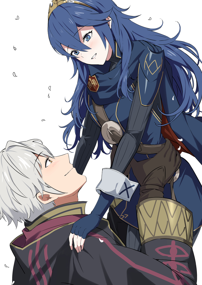 1boy 1girl ameno_(a_meno0) armor black_gloves black_robe black_sweater blue_cape blue_eyes blue_gloves blue_hair blush brown_eyes cape carrying carrying_person closed_mouth commentary eye_contact fingerless_gloves fire_emblem fire_emblem_awakening gloves hood hood_down hooded_robe long_hair long_sleeves looking_at_another lucina_(fire_emblem) pauldrons petals profile red_cape ribbed_sweater robe robin_(fire_emblem) robin_(male)_(fire_emblem) short_hair shoulder_armor simple_background smile sweater tiara turtleneck turtleneck_sweater two-tone_cape white_background white_hair